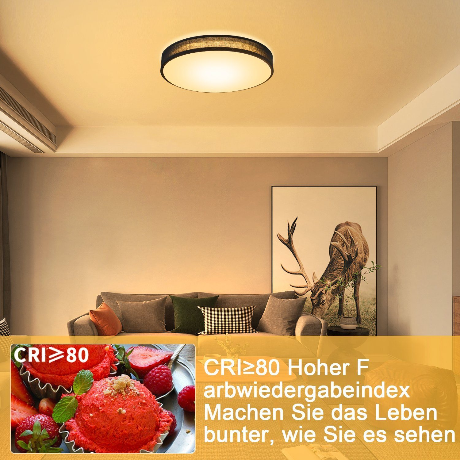 Deckenleuchte in einem Raum mit Sofa und Hirschgemälde. Text hebt CRI≥80 für lebendige Farben hervor.