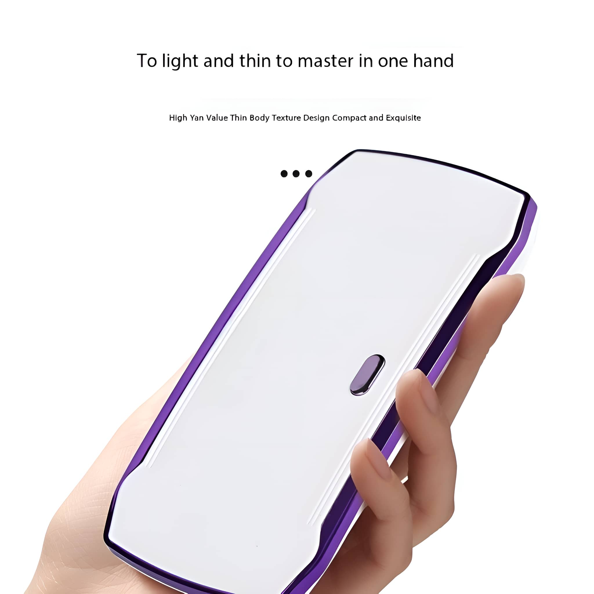 Eine Hand, die ein weißes und lila Gerät hält, mit Text oben.