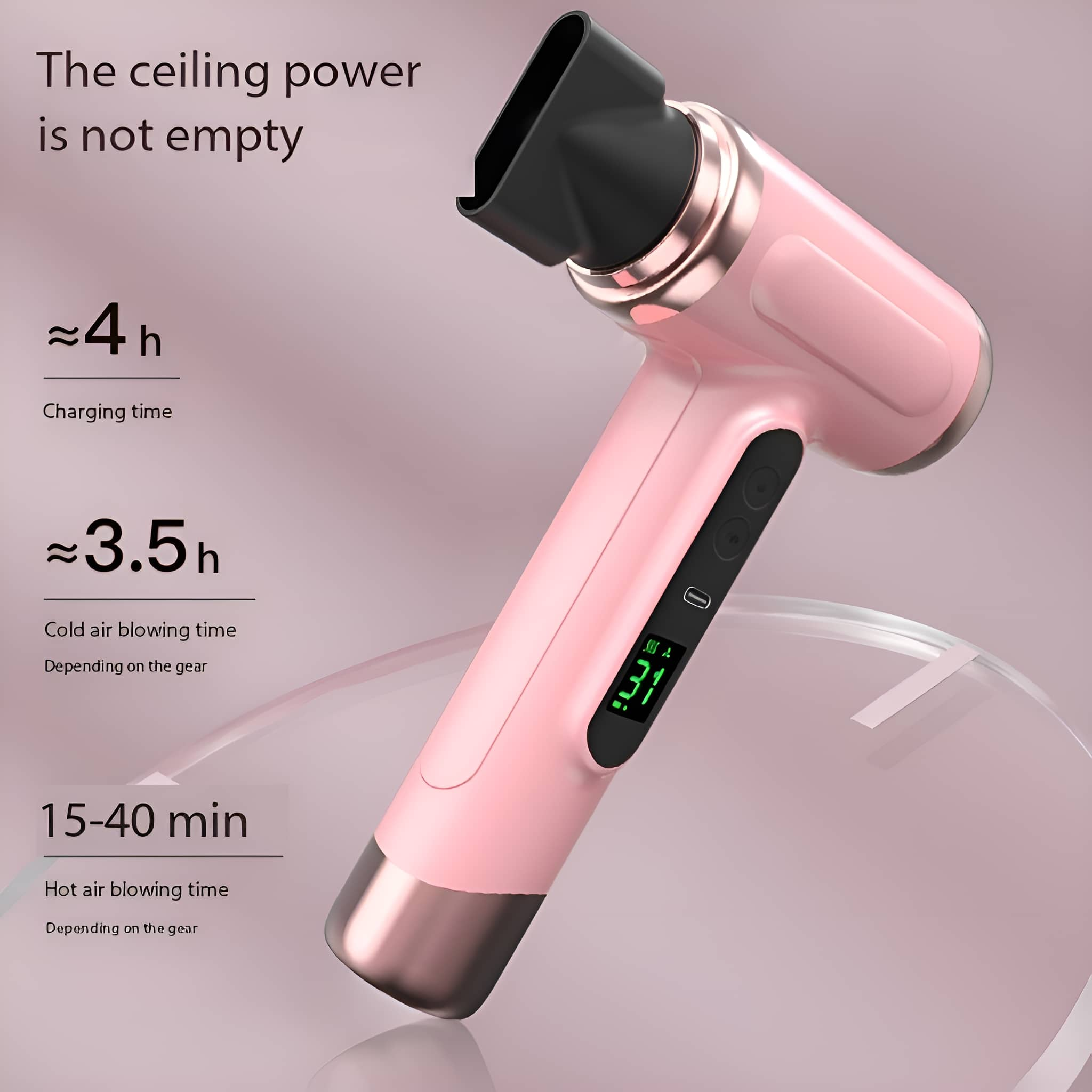 Ein rosa Haartrockner mit digitaler Anzeige für Einstellungen und geschätzte Nutzungszeiten.