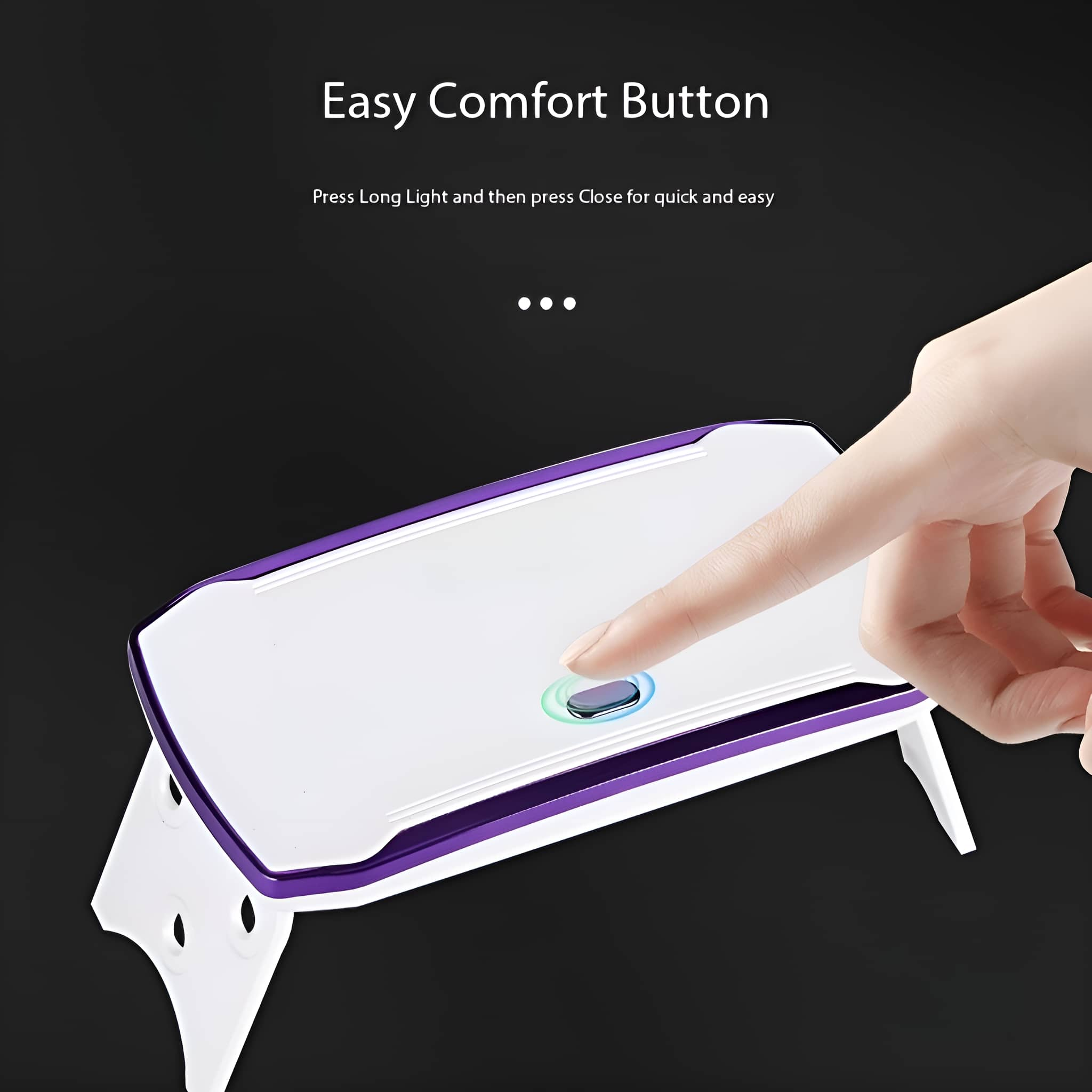 Eine weiße UV-Nagellampe mit einem Finger, der einen Knopf drückt. Text beschreibt den Easy-Comfort-Button.