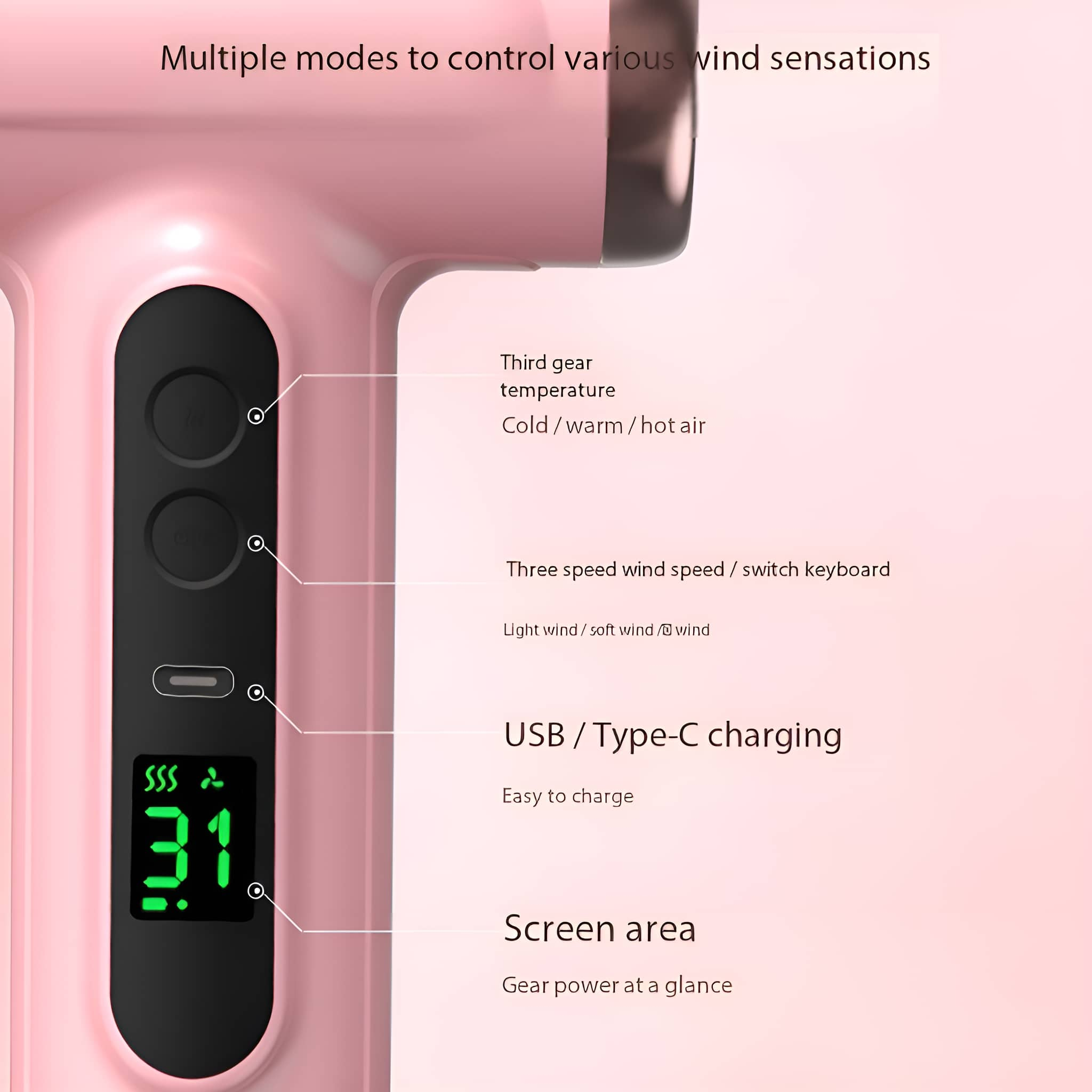 Pinker Haartrockner mit Knöpfen und Digitalanzeige mit Einstellungen.