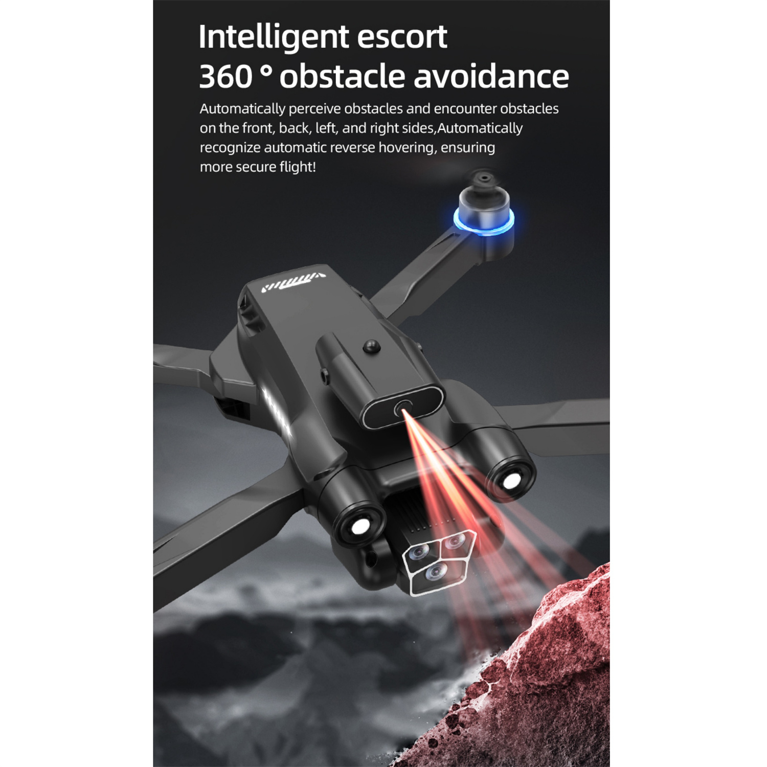 Schwarze Drohne mit vier Armen und Kamera. Text: intelligenter Schutz, 360° Hindernisvermeidung.
