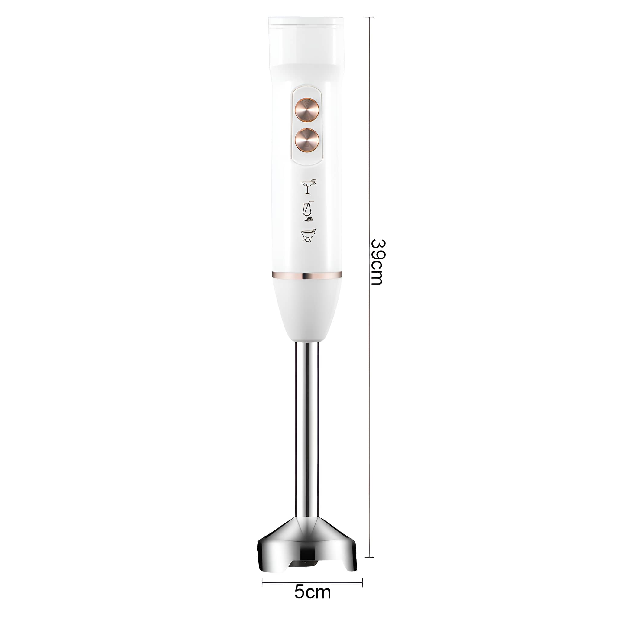 Weißer Stabmixer mit roségoldenen Akzenten. Er hat zwei Knöpfe und ist 39 cm hoch.