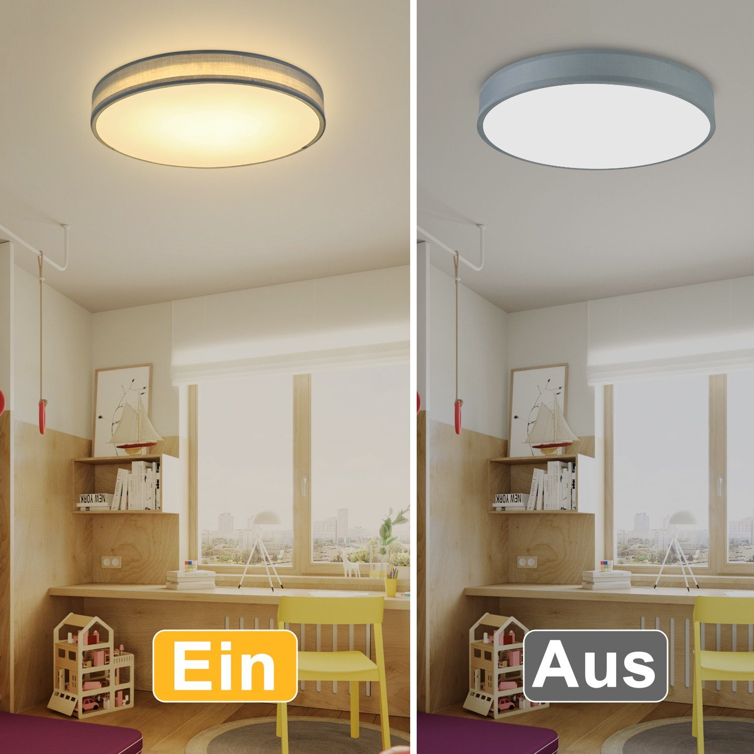 Dwie lampy sufitowe. Jedna jest włączona, pokazując białe światło. Druga jest wyłączona, pokazując niebieskoszary.