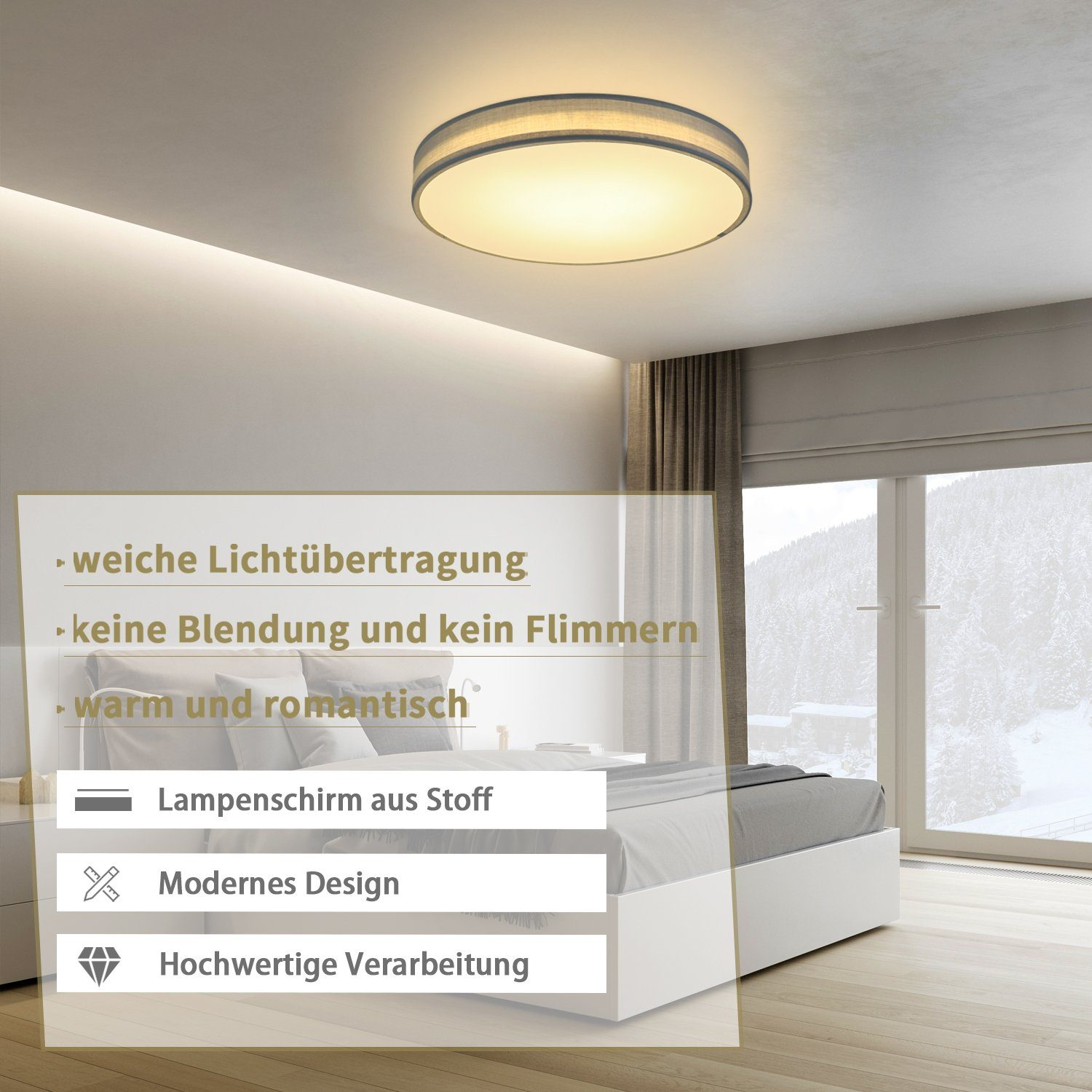 Lampa sufitowa z tekstem. Lampa jest okrągła, z białą ramą. Tekst jest po niemiecku, opisujący cechy lampy.