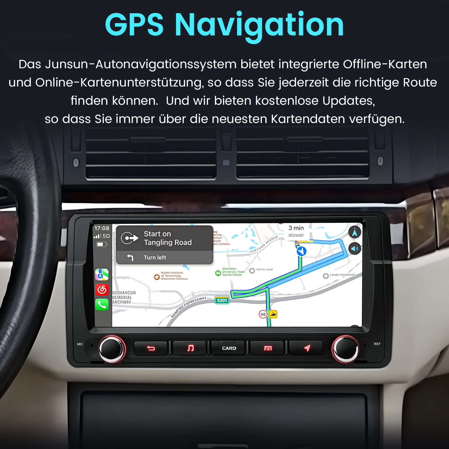 Radio samochodowe z nawigacją GPS, pokazujące mapę i elementy sterowania.