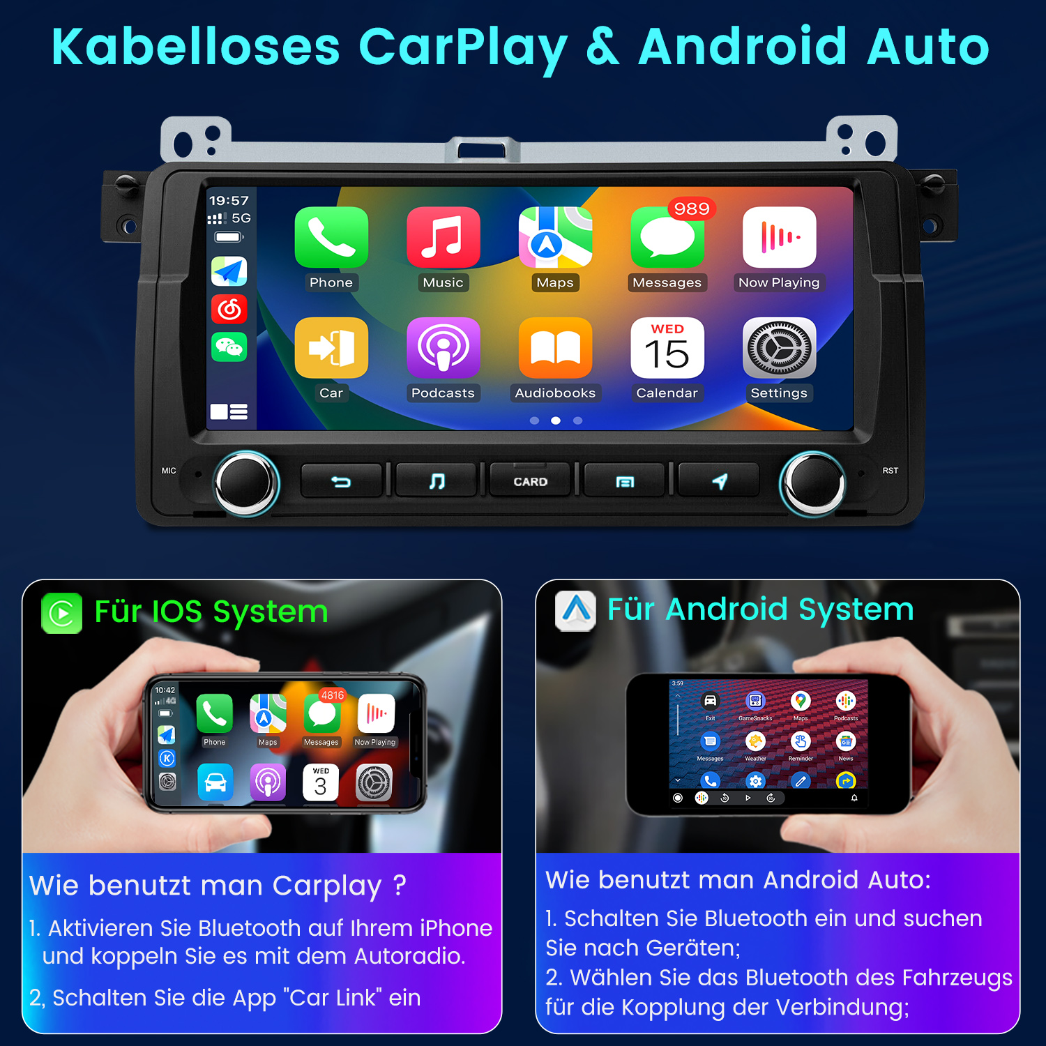 Ekran radia samochodowego z aplikacjami. Wyświetlacz systemu IOS i systemu Android. Tekst: Carplay i Android Auto.