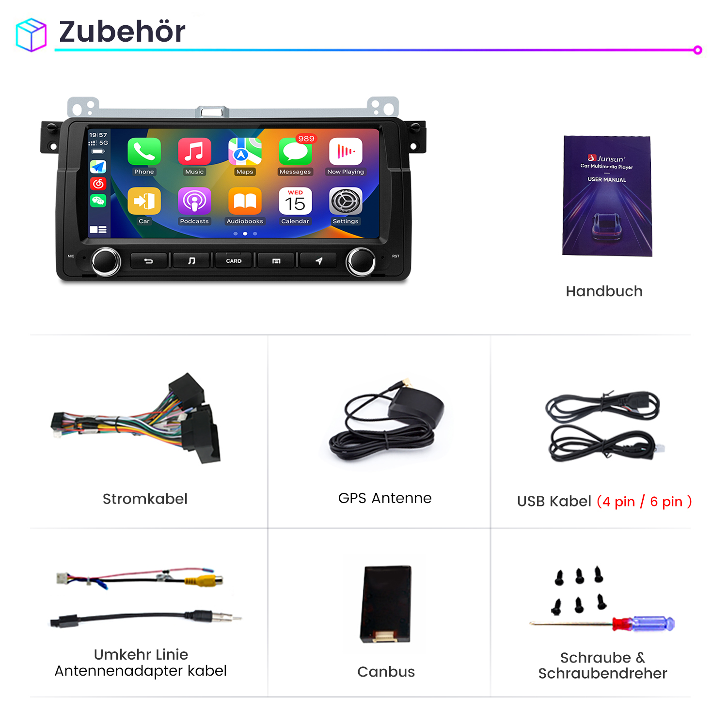 System multimedialny do samochodu z akcesoriami, w tym kablami i instrukcją.