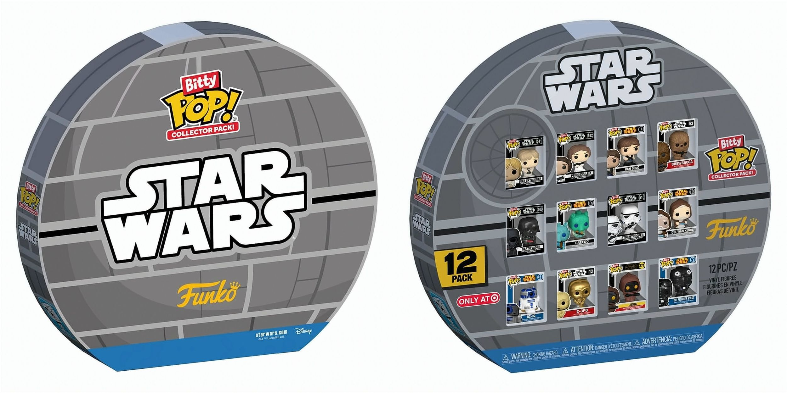 Confezione da collezione Star Wars Funko Pop!. Due custodie rotonde, ciascuna con 12 figure pop.