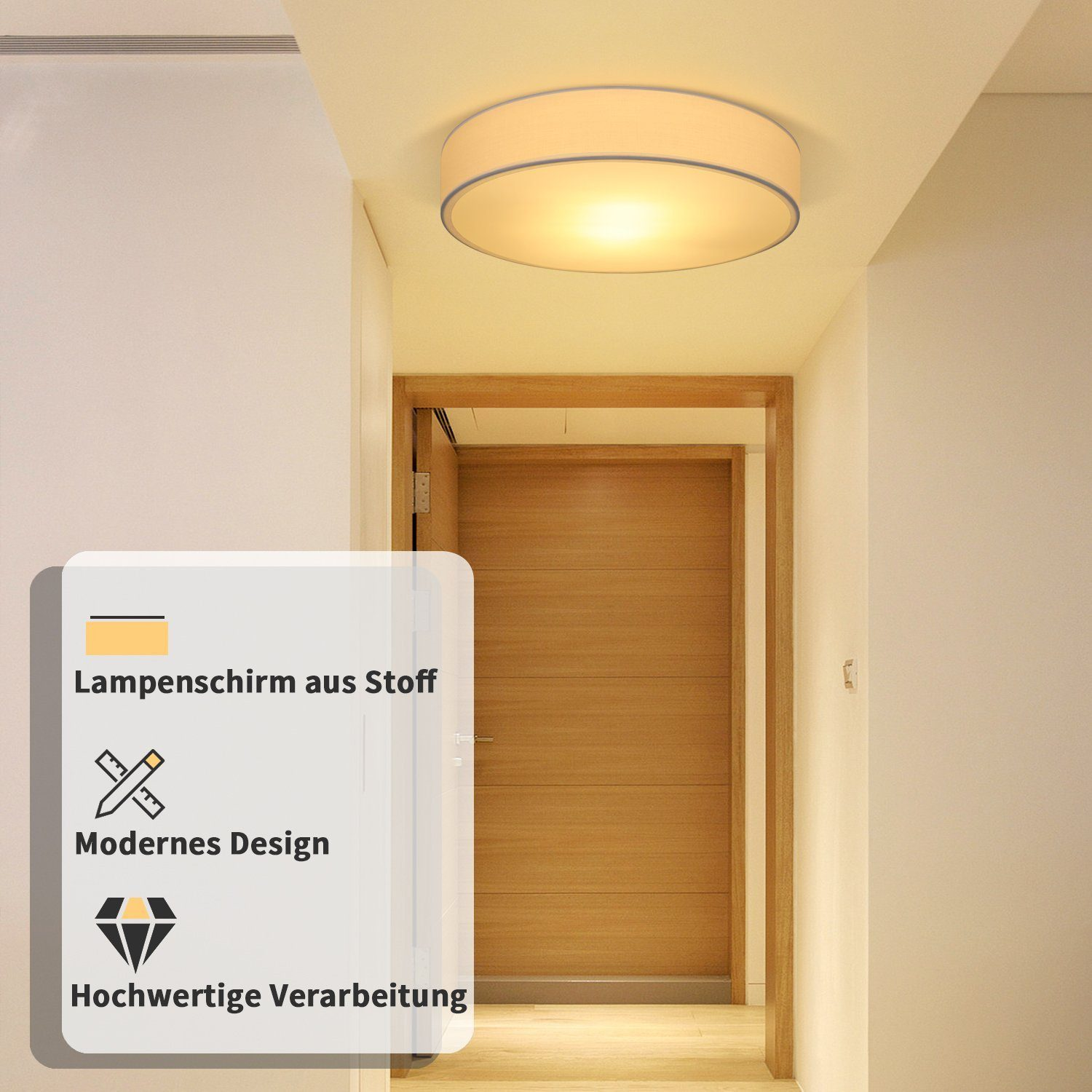 Korytarz z oświetleniem sufitowym, drzwiami i białą ścianą. Światło to okrągła oprawa.