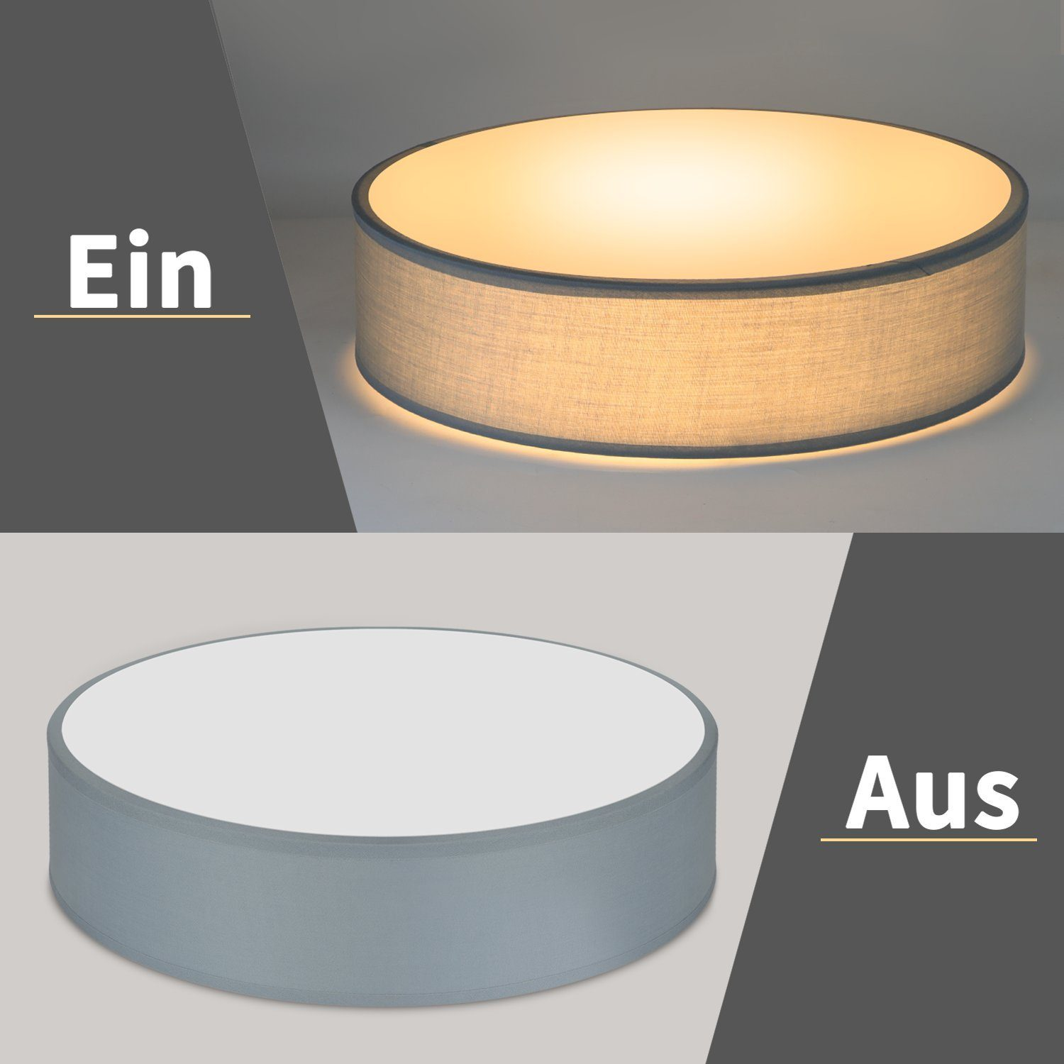 Dos luces de techo. Una encendida, mostrando la luz; otra apagada, mostrando tela gris.