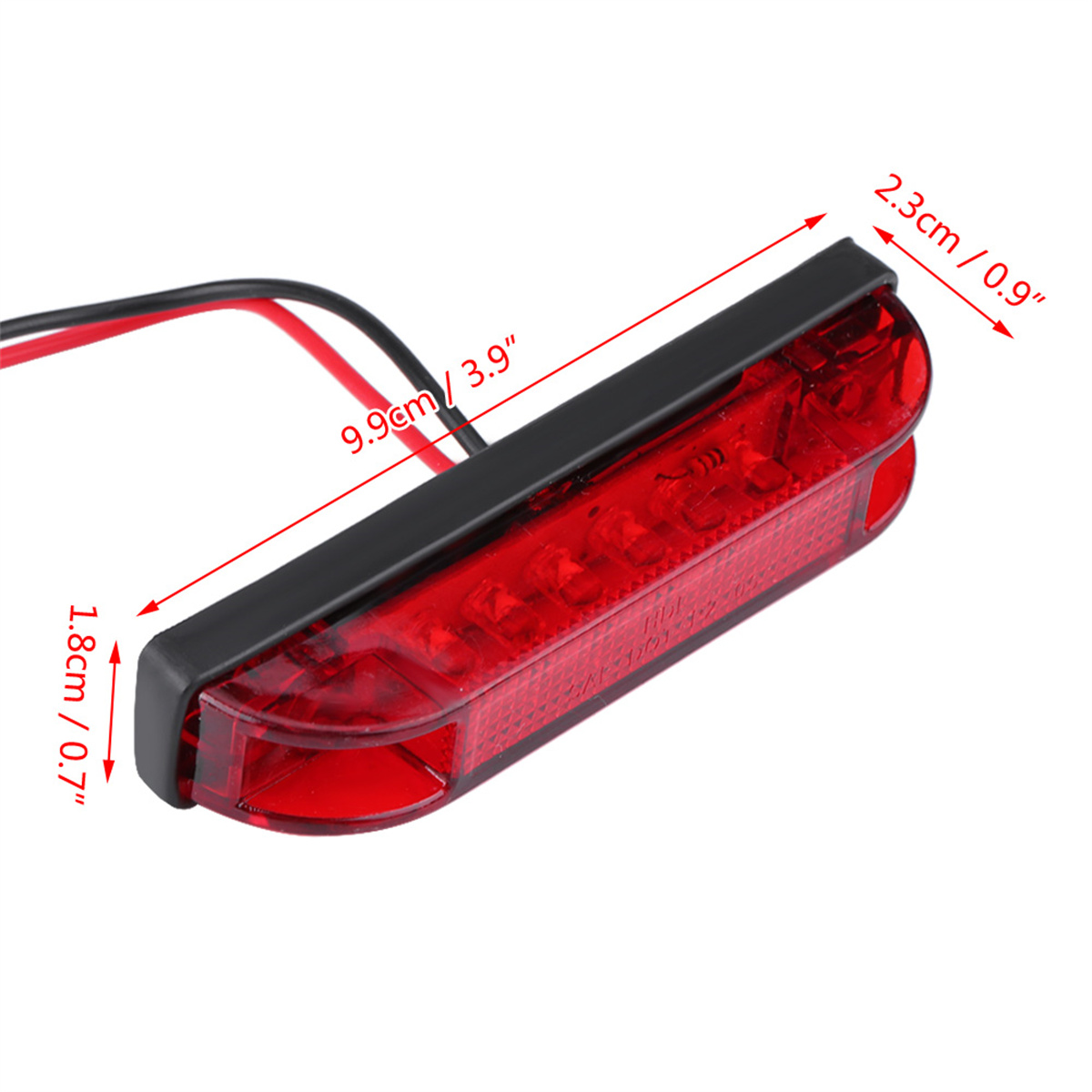 Roter und schwarzer LED-Lichtbalken mit Abmessungen. Der Balken ist rechteckig.