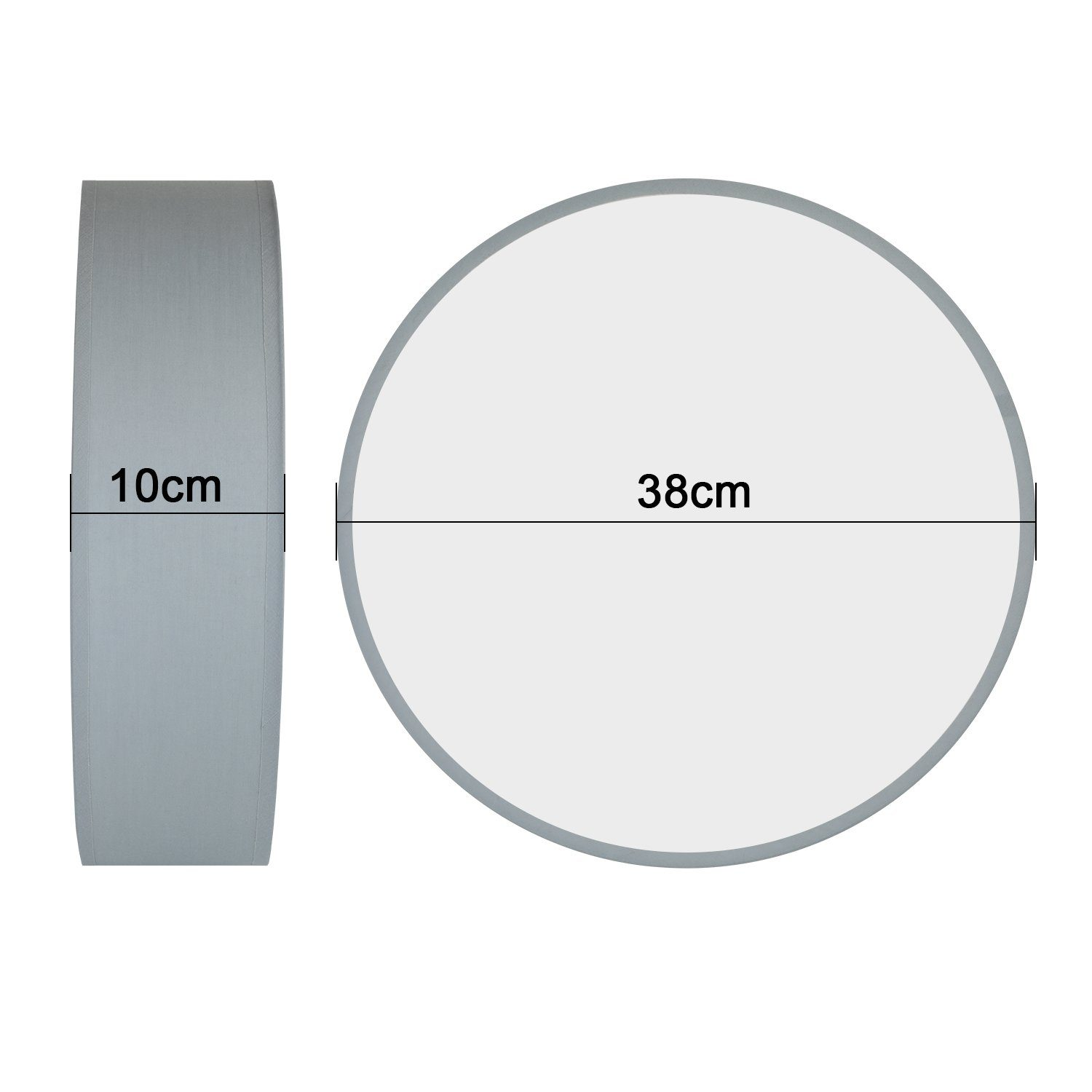 Un diagrama muestra una vista lateral y superior de una lámpara de techo gris. Las dimensiones están etiquetadas en cm y pulgadas.