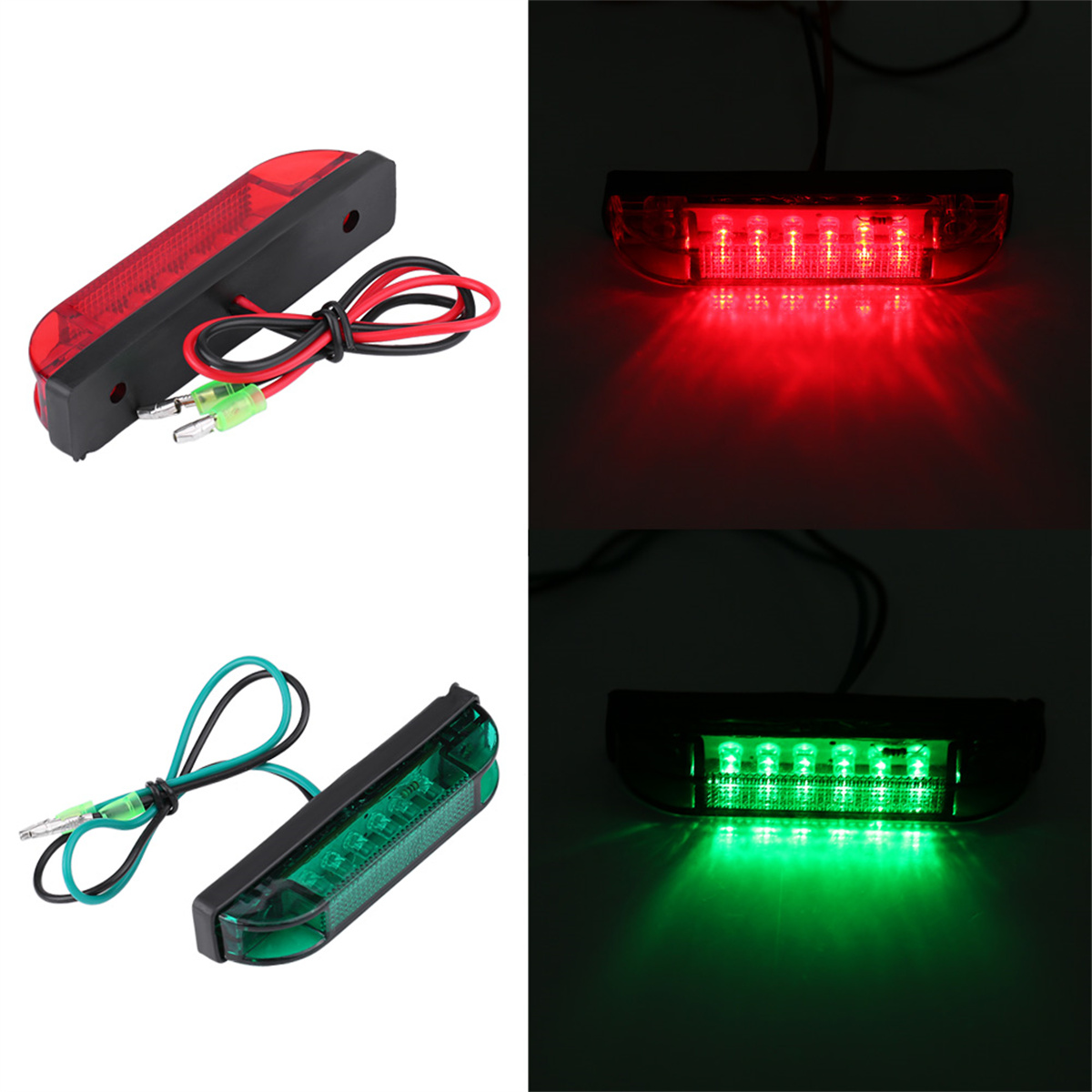 Mehrere Bilder von roten und grünen LED-Autolichtern, verschiedene Ansichten und Lichtmuster zeigend.