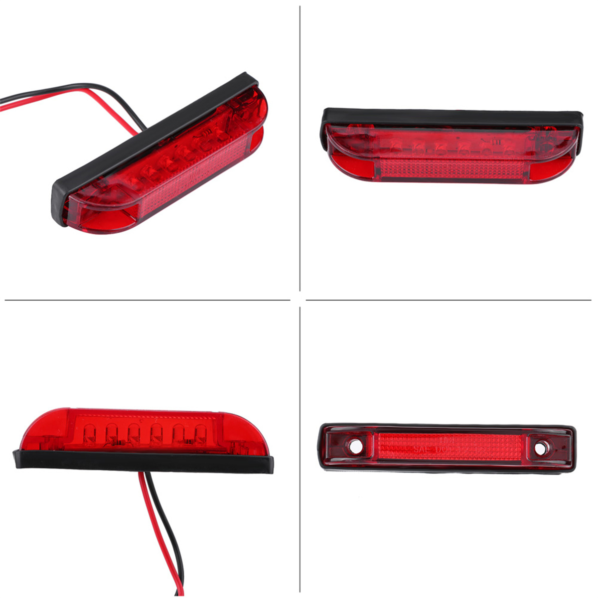 Vier verschiedene Ansichten einer roten LED-Lichtleiste. Schwarzes Gehäuse, Drähte ragen heraus. Weißer Hintergrund.