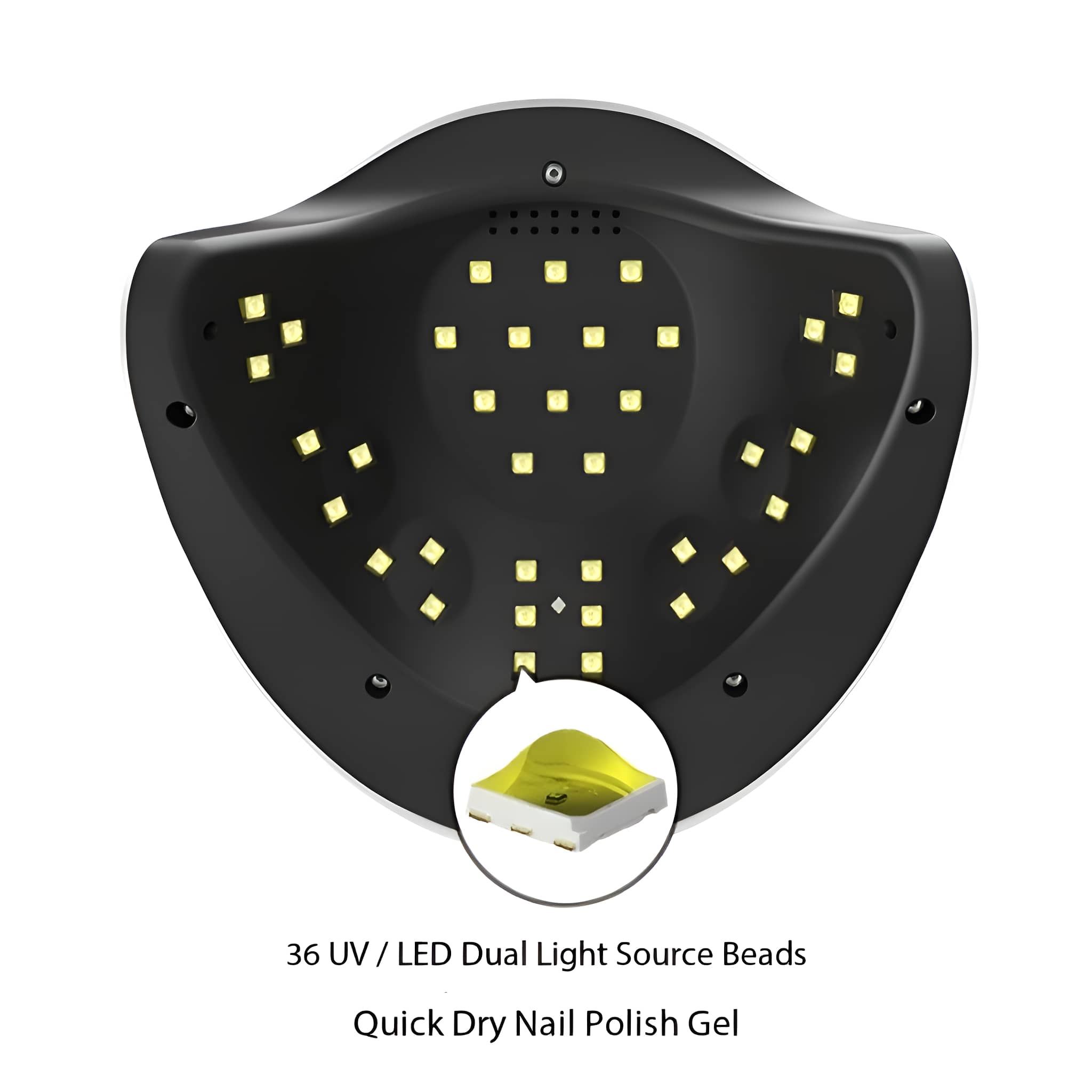 Eine Nagellampe mit 36 UV/LED-Perlen. Eine Nahaufnahme zeigt die Perlen.