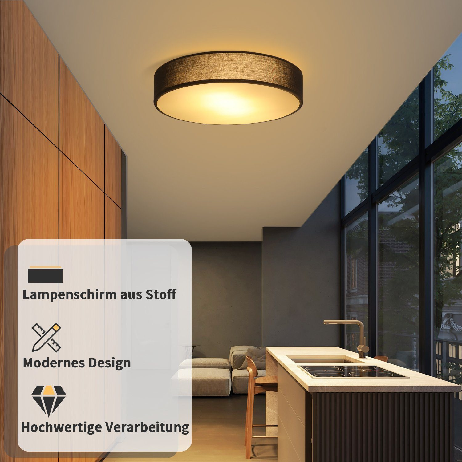 Kuchnia z lampą sufitową i tekstem o nowoczesnym designie i wysokiej jakości materiałach.