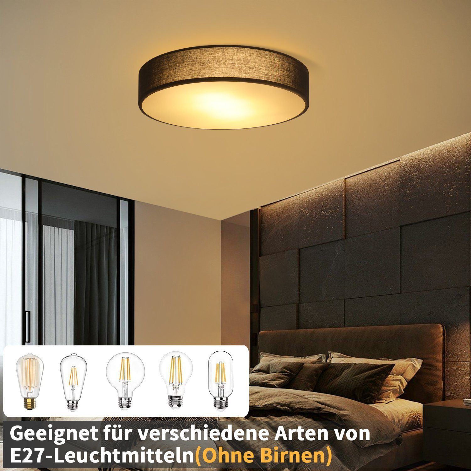 Sypialnia z ciemną lampą sufitową i łóżkiem z teksturowanym wezgłowiem, różne żarówki.