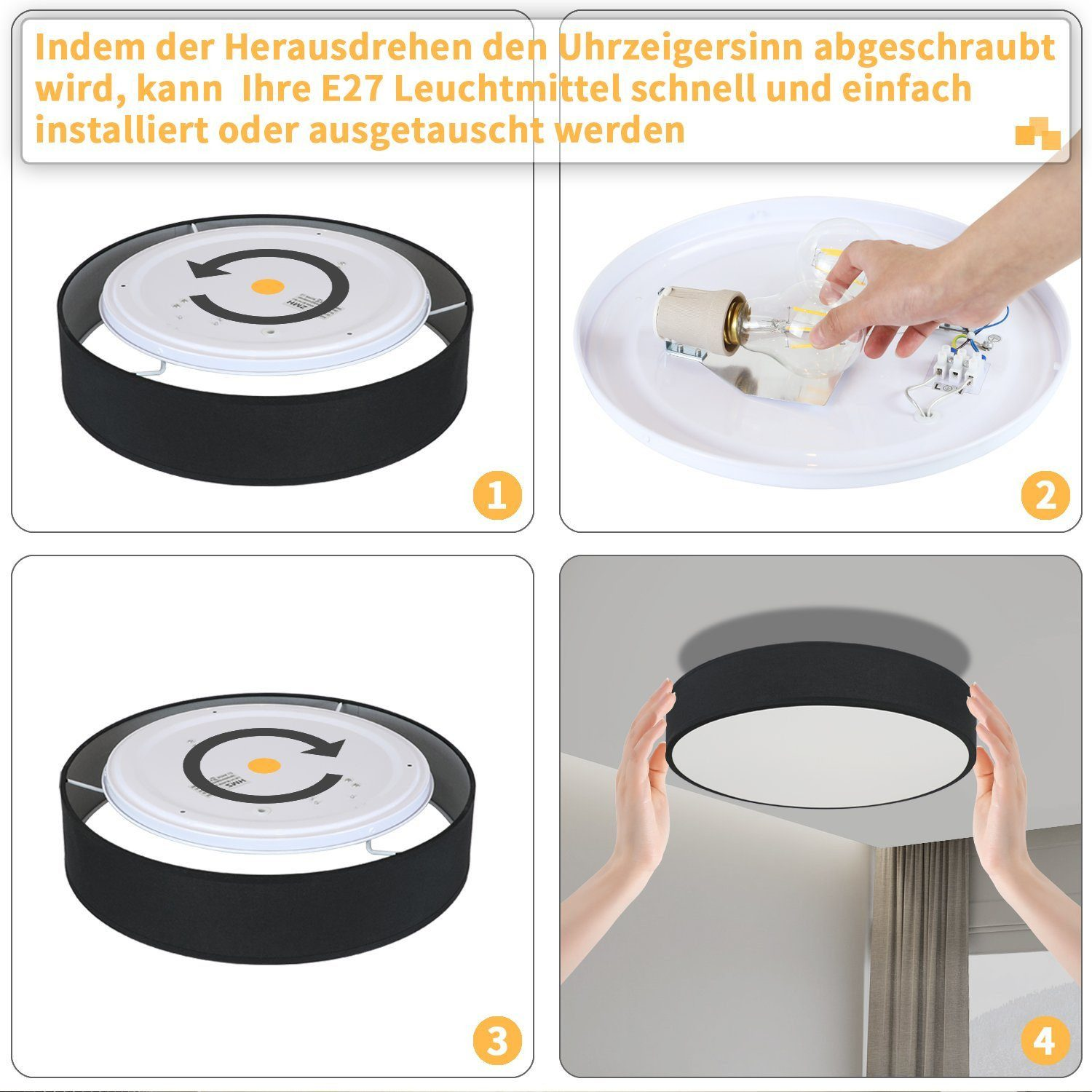 Obrazek z czterema panelami, szczegółowo opisujący kroki instalacji lampy sufitowej.