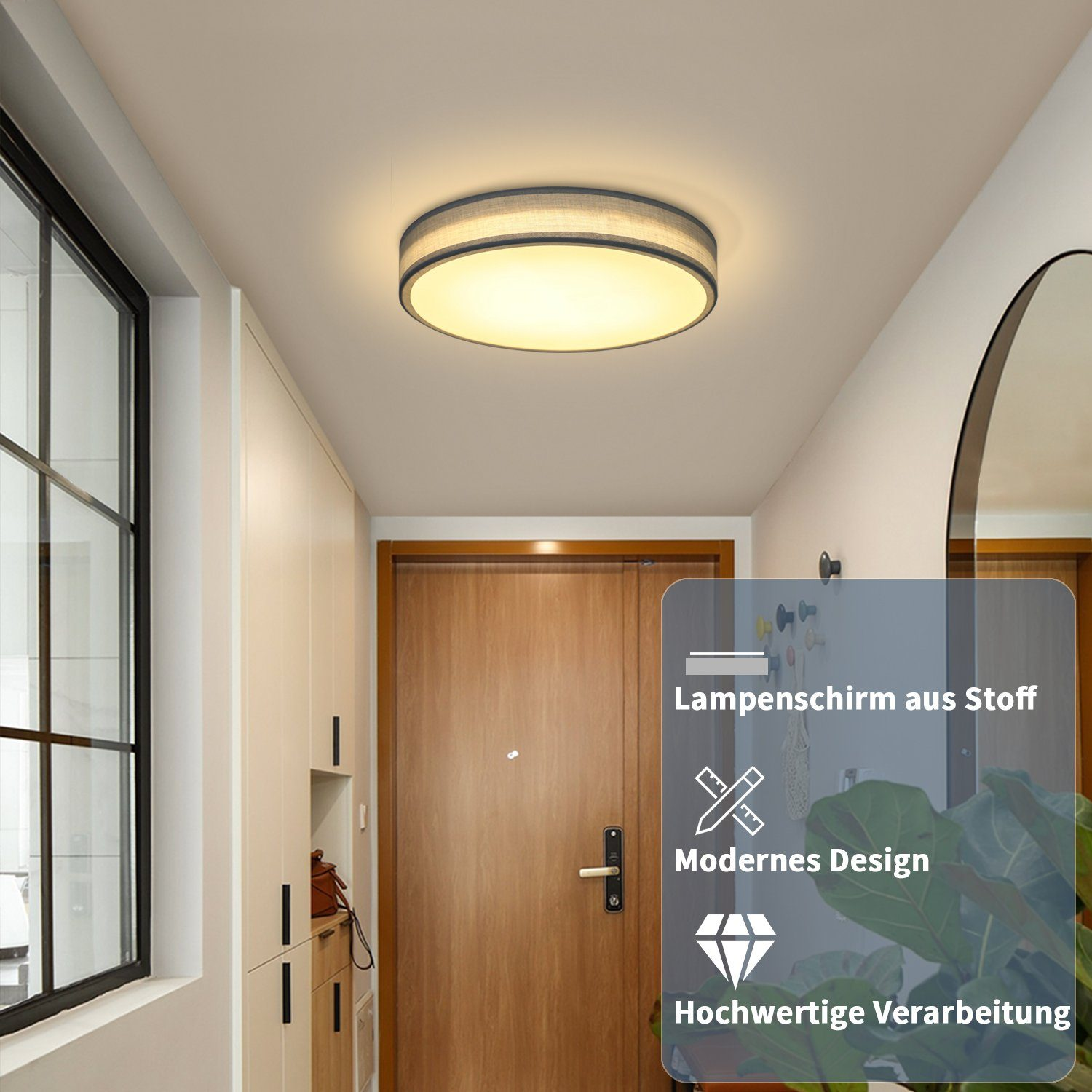 Korytarz z okrągłą lampą sufitową, drewnianymi drzwiami i szafką. Tekst z boku.