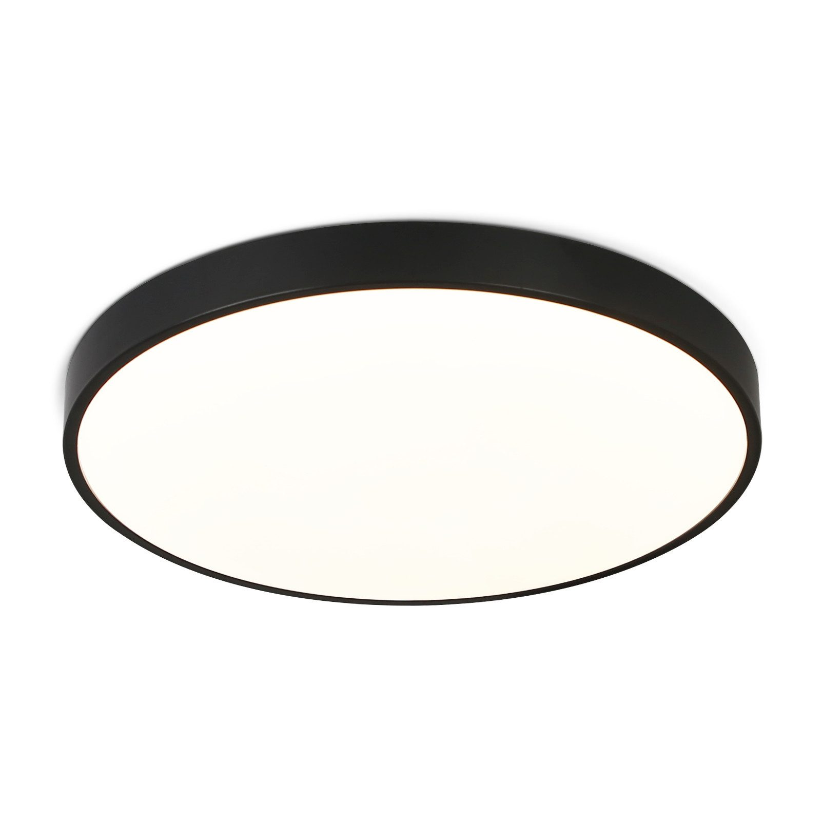 Czarna, okrągła, natynkowa lampa sufitowa z jasnym światłem. Lampa ma białą, podświetlaną powierzchnię.