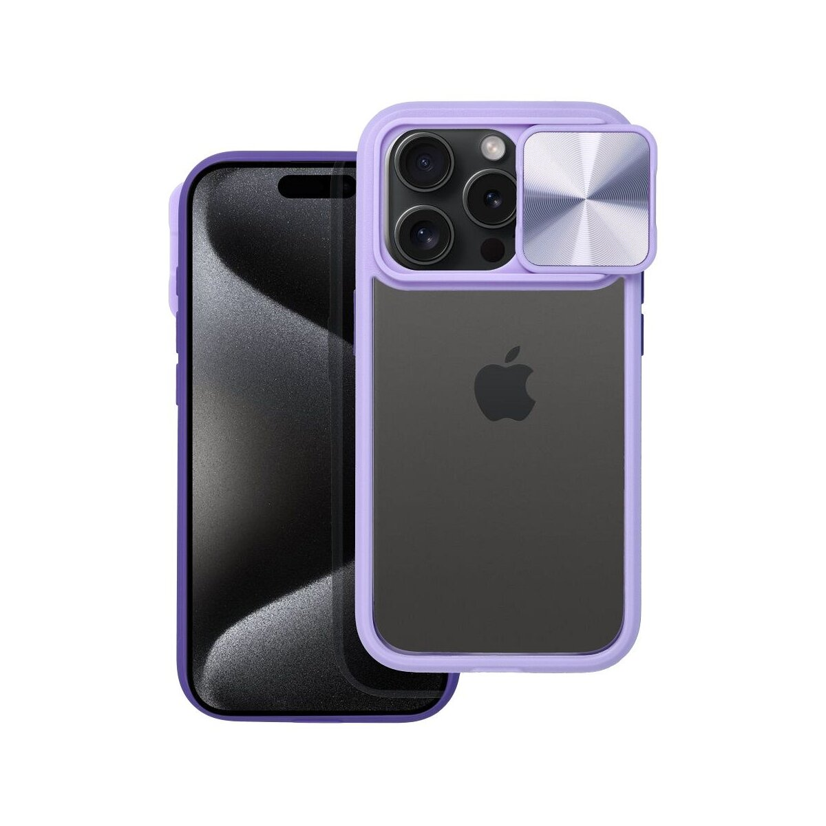 Custodia viola per telefono con copertura fotocamera e un iPhone nero.