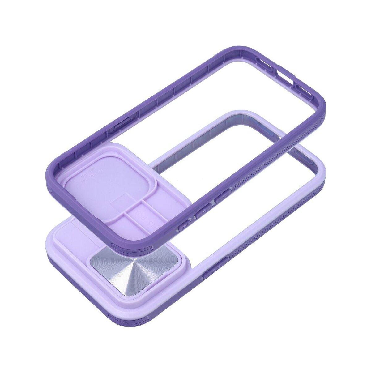 Custodia viola per telefono con copriobiettivo, due pezzi impilati, su sfondo bianco.