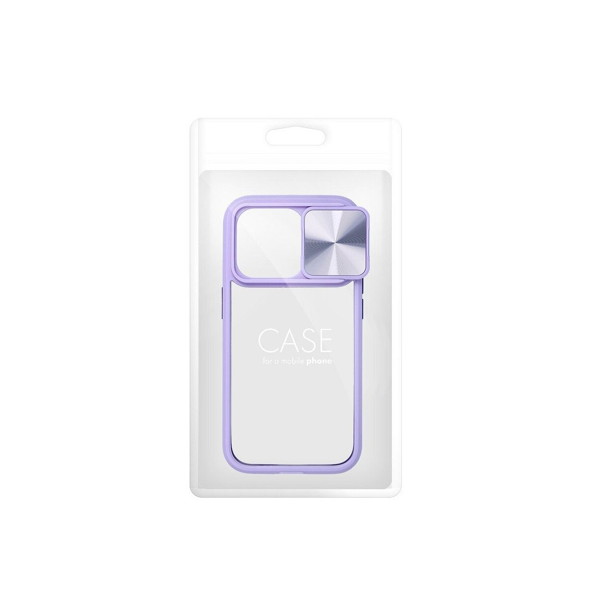 Custodia per telefono viola con copertura scorrevole per la fotocamera, all'interno di una confezione di plastica trasparente.