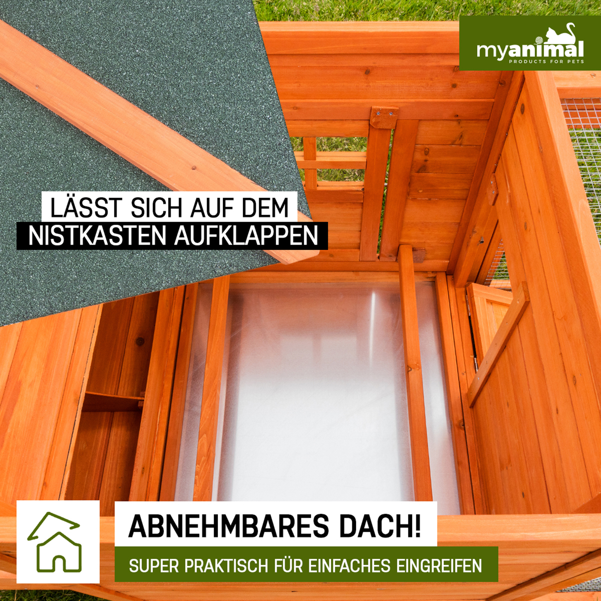 Vogelhaus aus Holz mit abnehmbarem Dach, Text auf Deutsch.