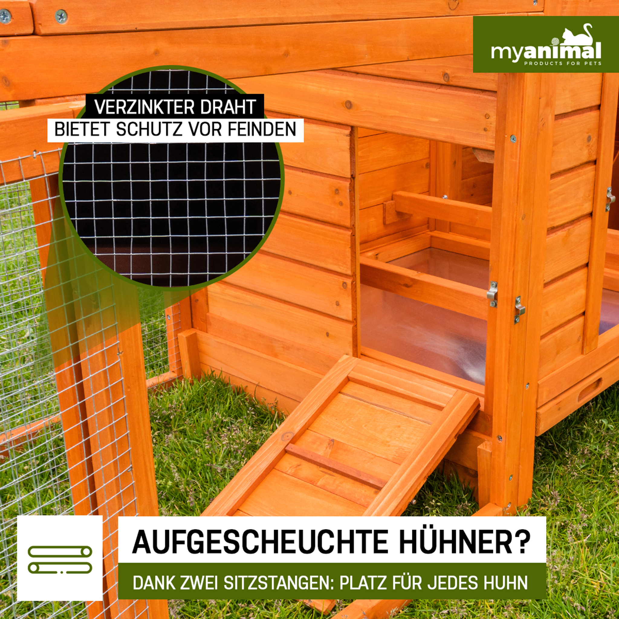 Hühnerstall aus Holz mit Drahtgeflecht und Rampe. Text: 'VERZINKTER DRAHT BIETET SCHUTZ VOR FEINDEN'.