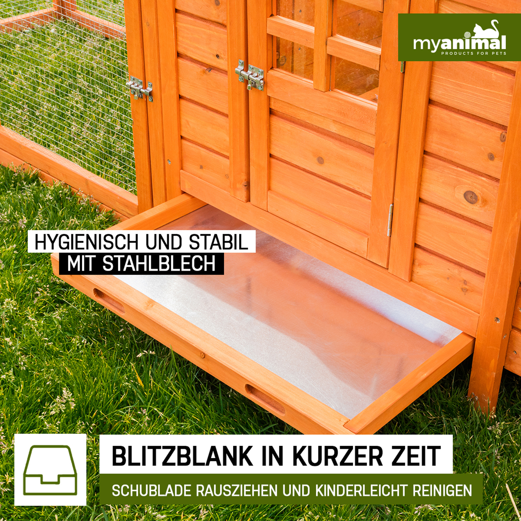 Hühnerstall aus Holz mit Metallwanne. Text: Hygienisch und stabil mit Stahlblech.
