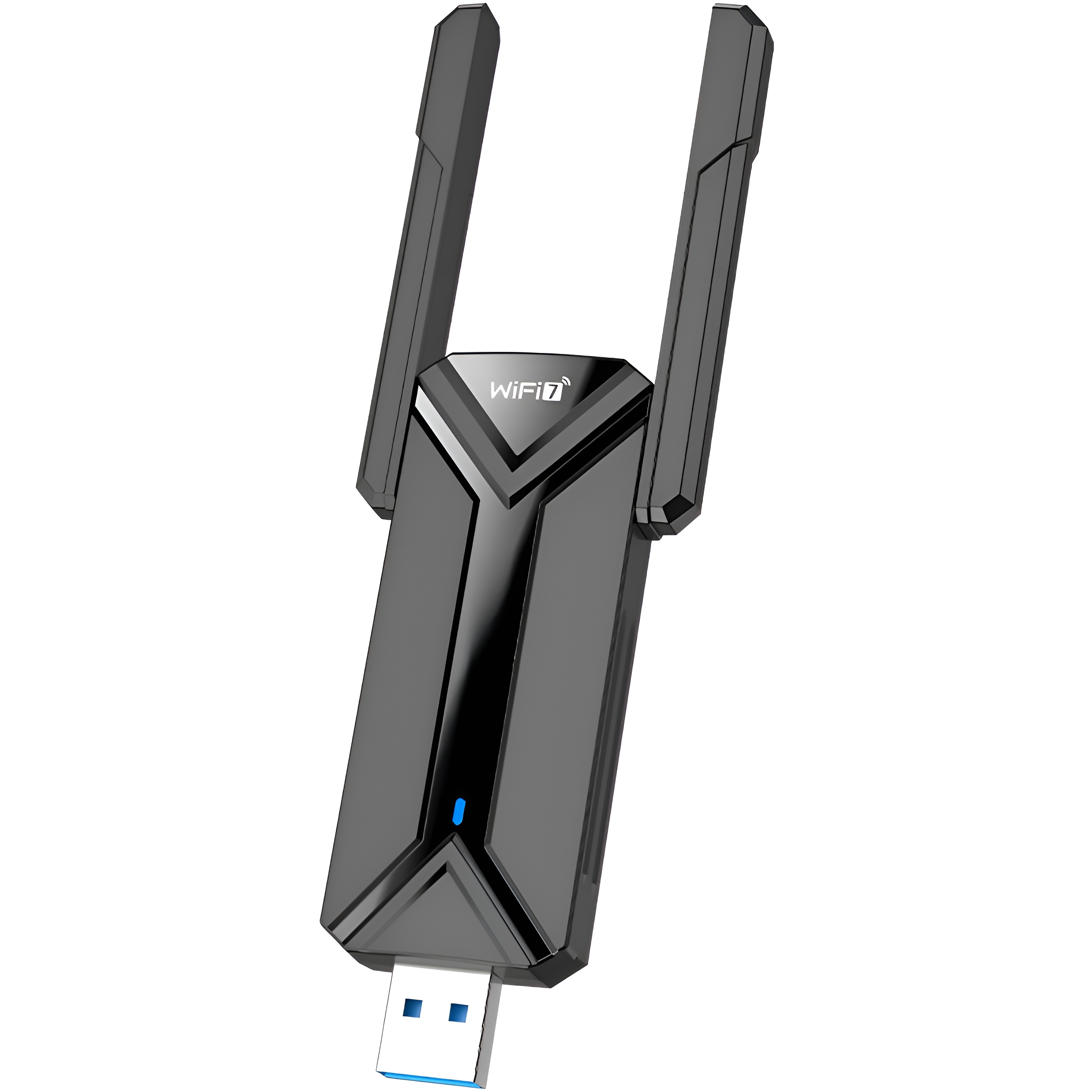 Schwarzer WLAN-Repeater mit Antennen und USB-Anschluss. Weißer Hintergrund.
