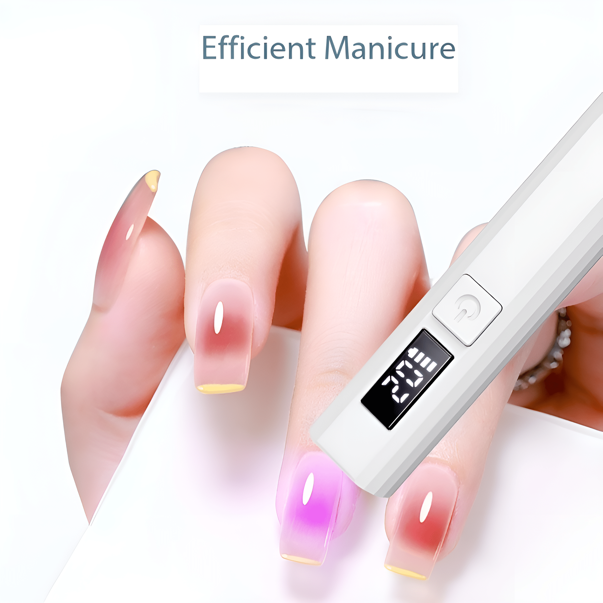 Eine Hand, die eine Nagellampe auf Nägeln verwendet. Der Nagel hat einen klaren und roten Farbverlauf.