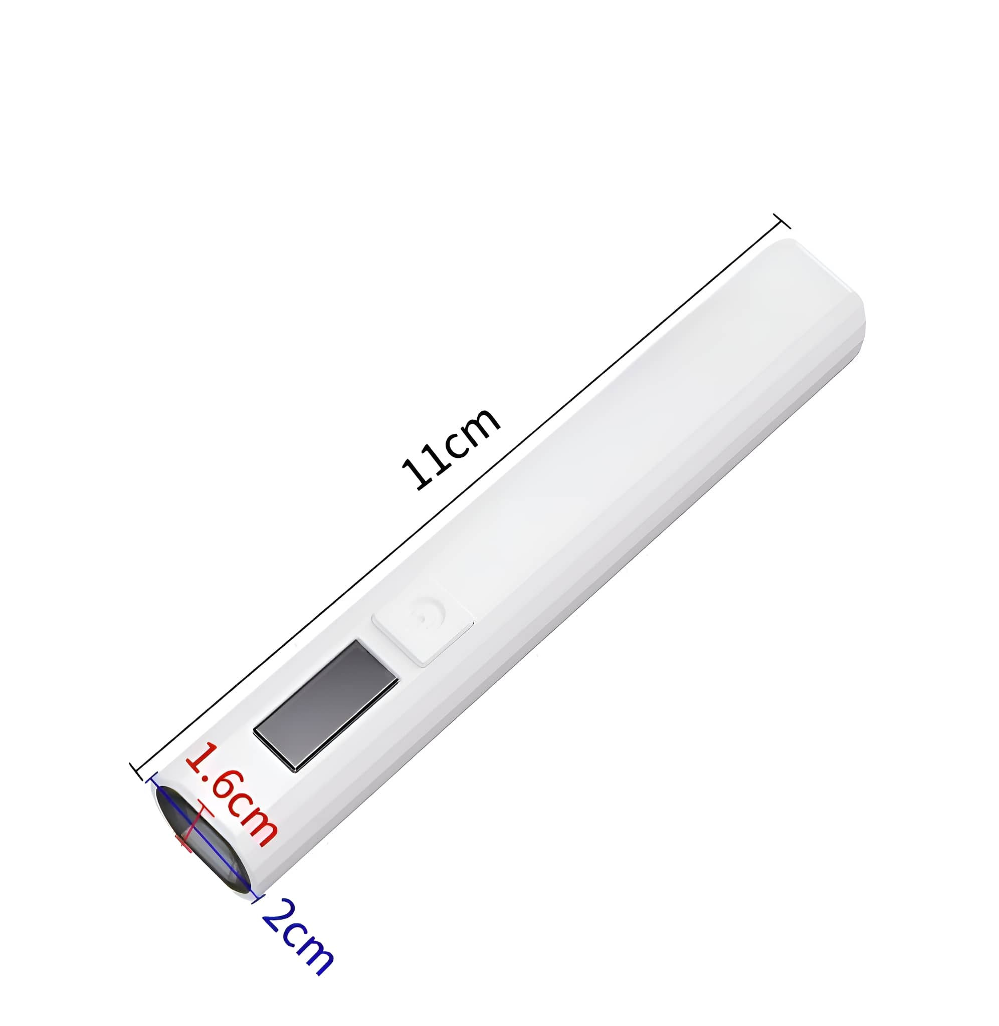 Ein weißes stiftförmiges Gerät mit Knopf und beschrifteten Abmessungen: 11 cm lang, 1,6 cm breit und 2 cm quer.