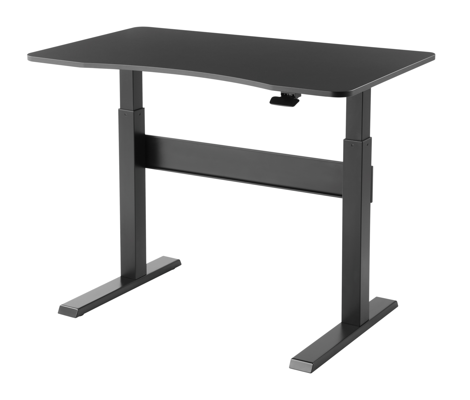 Zwarte verstelbare staande bureau, rechthoekig blad, twee-benige basis, zwarte kleur.