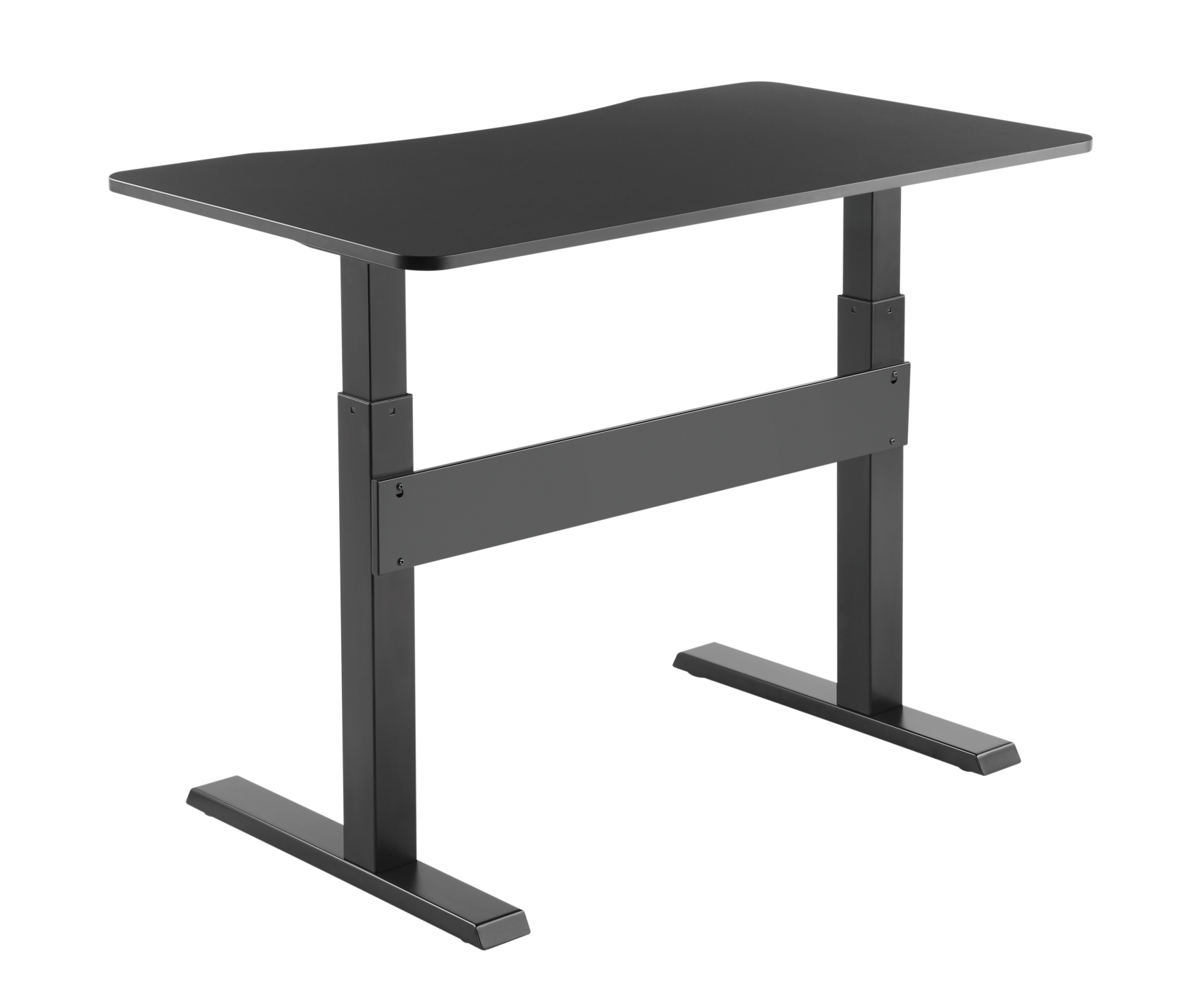 Een zwarte, in hoogte verstelbare bureau met een rechthoekig blad en twee poten.