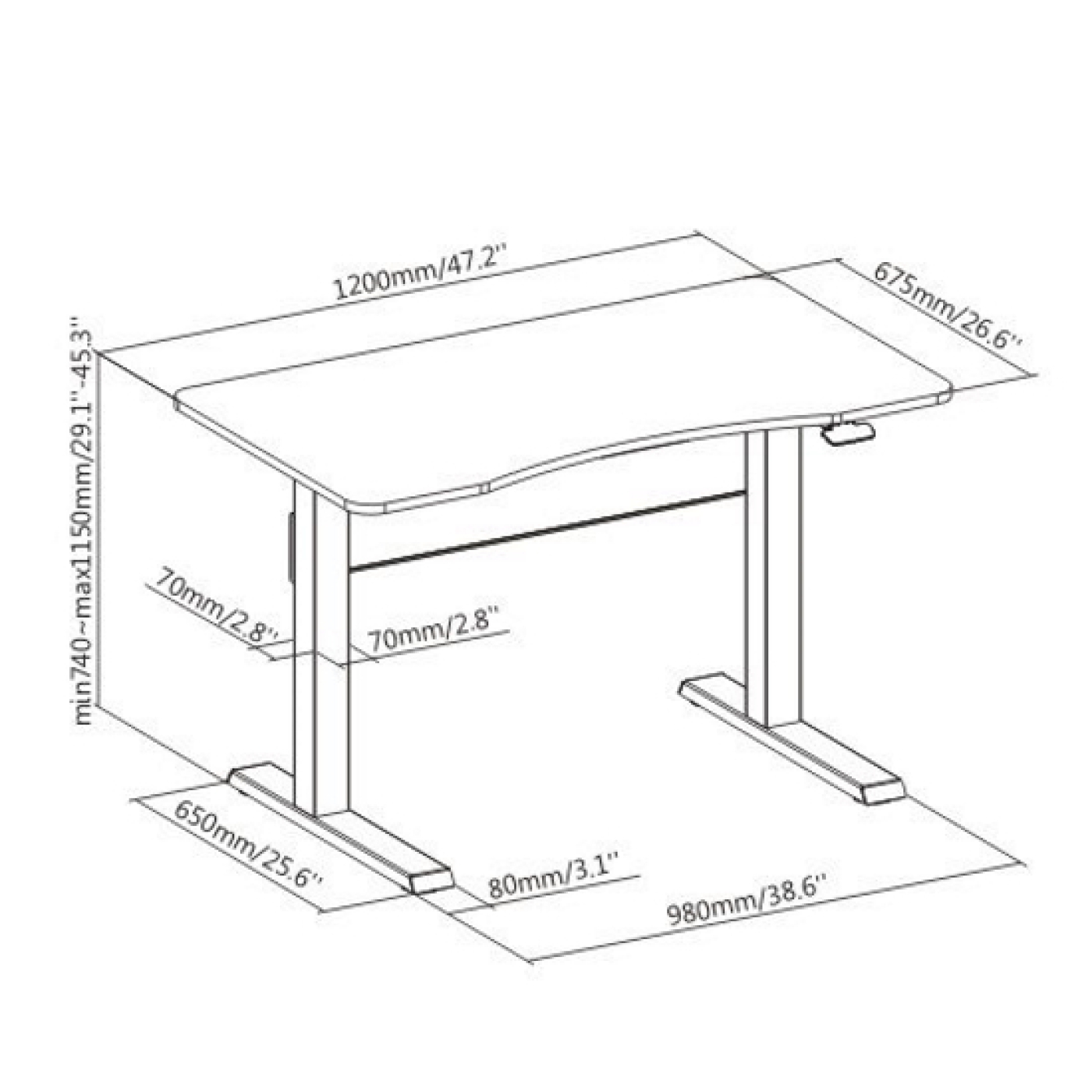 In hoogte verstelbaar bureau met afmetingen in millimeters en inches.