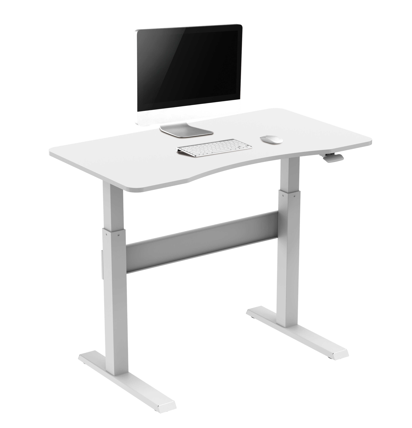 Witte statafel met monitor, toetsenbord en muis.