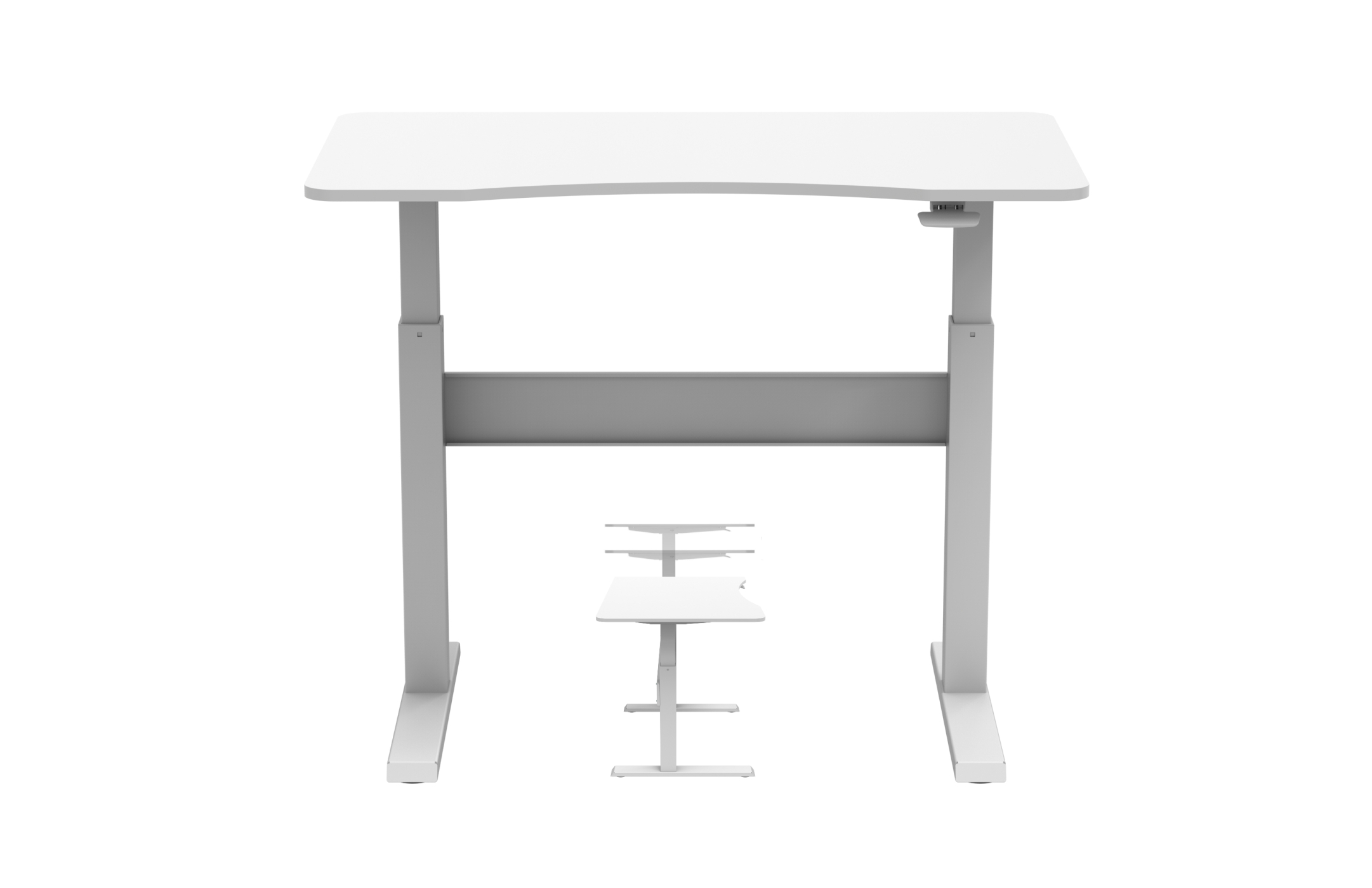 Een witte verstelbare bureau met een kleinere ervoor. Het bureau heeft een gebogen bovenkant.