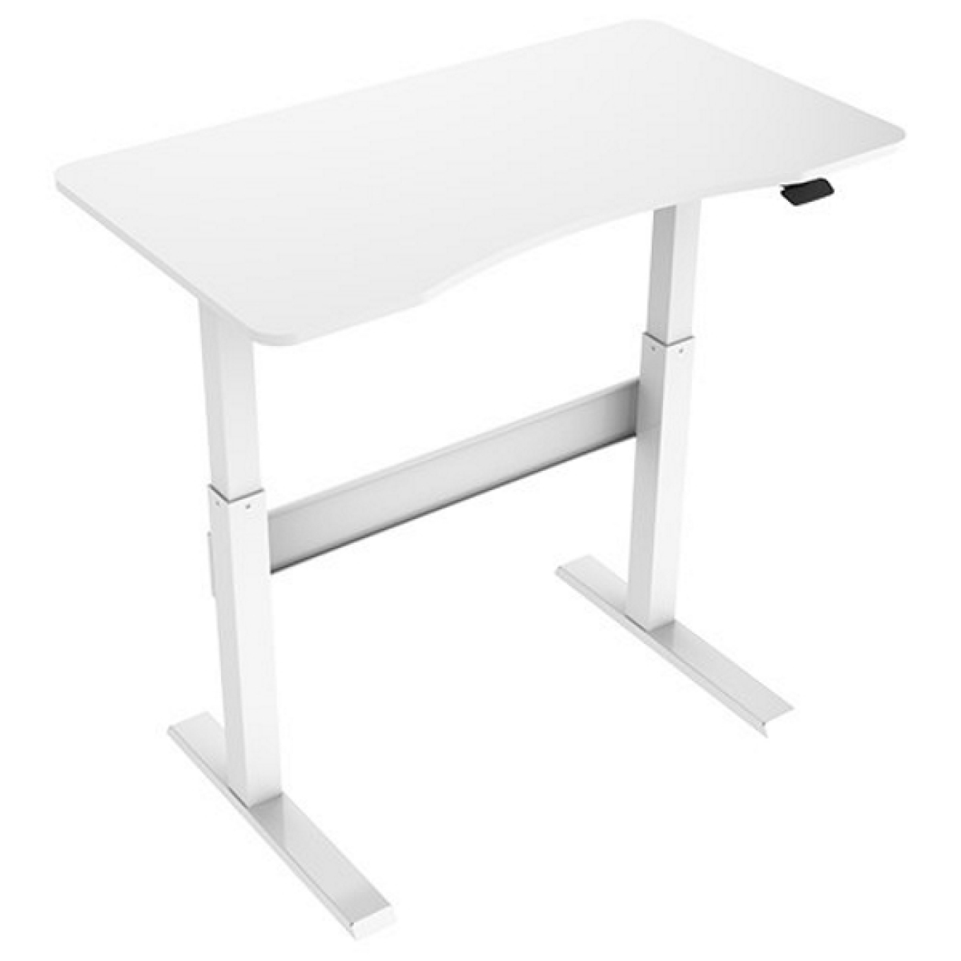 Een witte in hoogte verstelbare bureau met een gebogen rand.