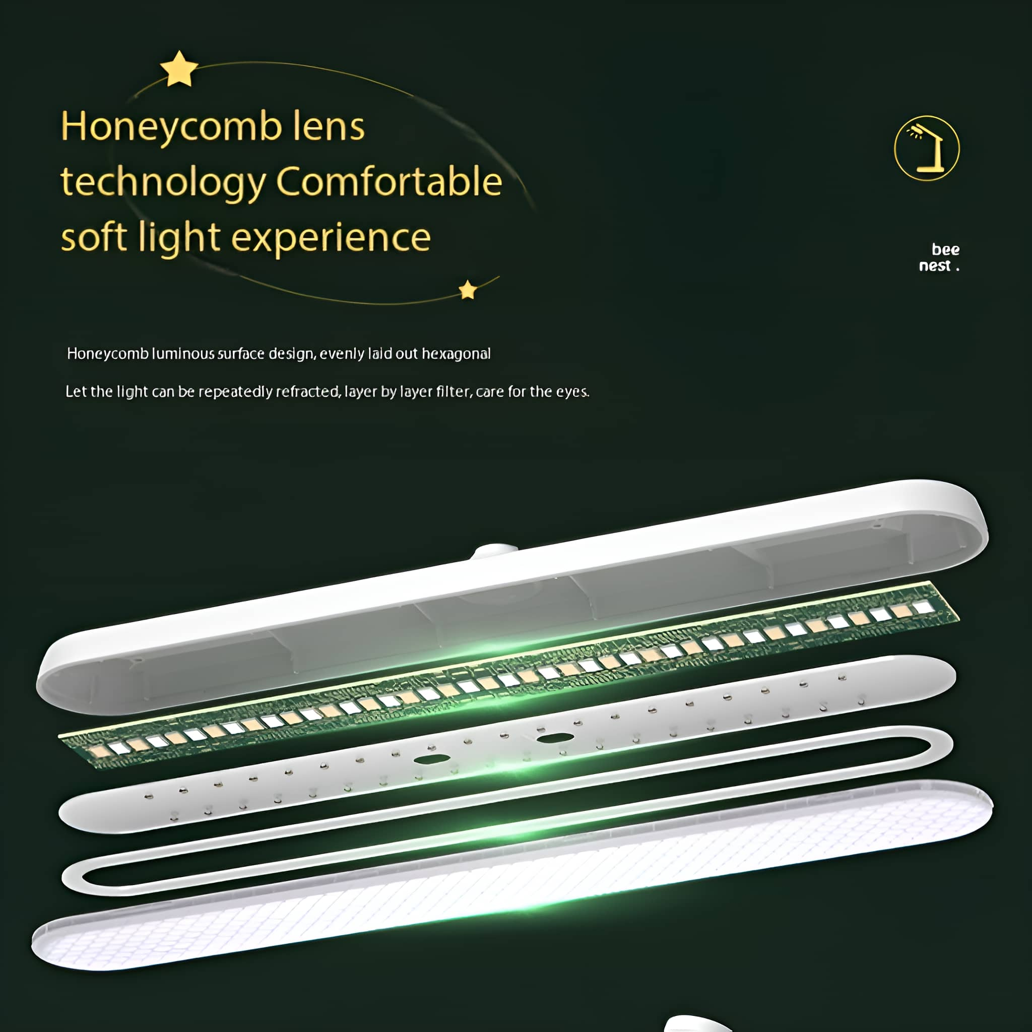 Schnittansicht einer weißen LED-Leuchte mit Wabenlinsentechnologie.