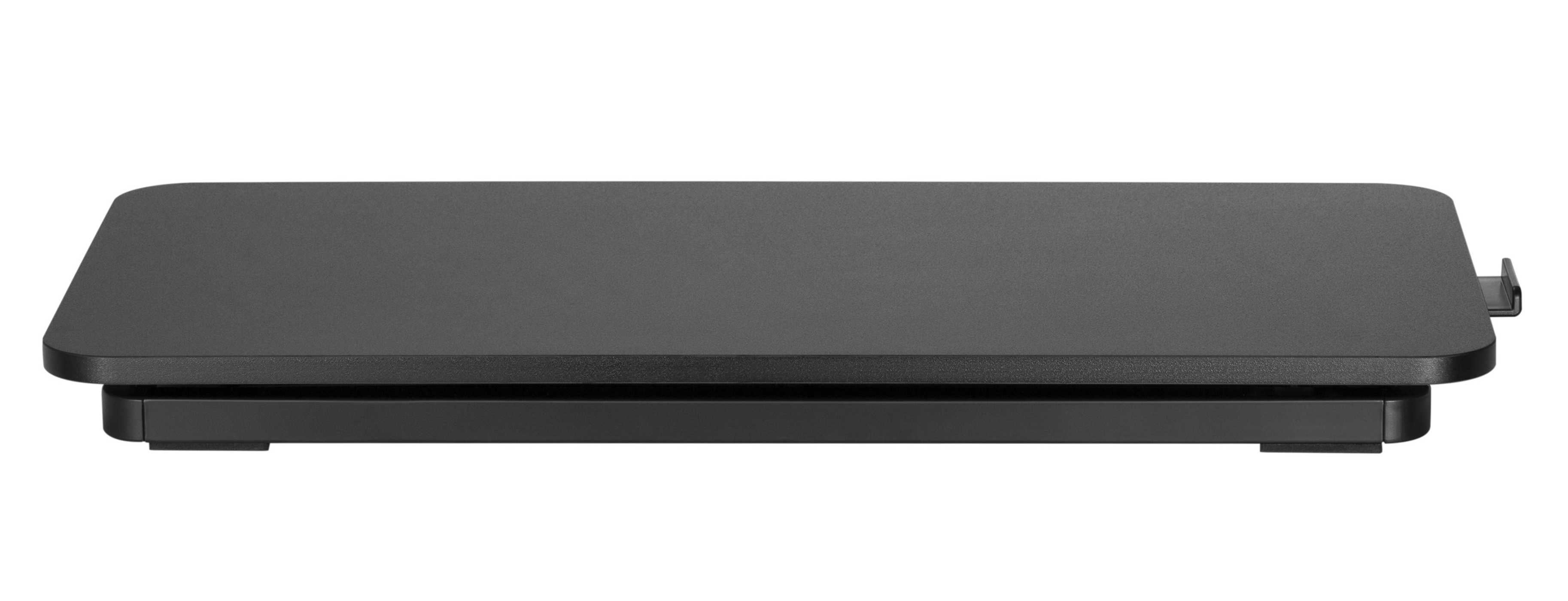 Eine schwarze Schreibtisch- oder Tischplatte, von der Seite betrachtet, zeigt eine saubere, flache Oberfläche.