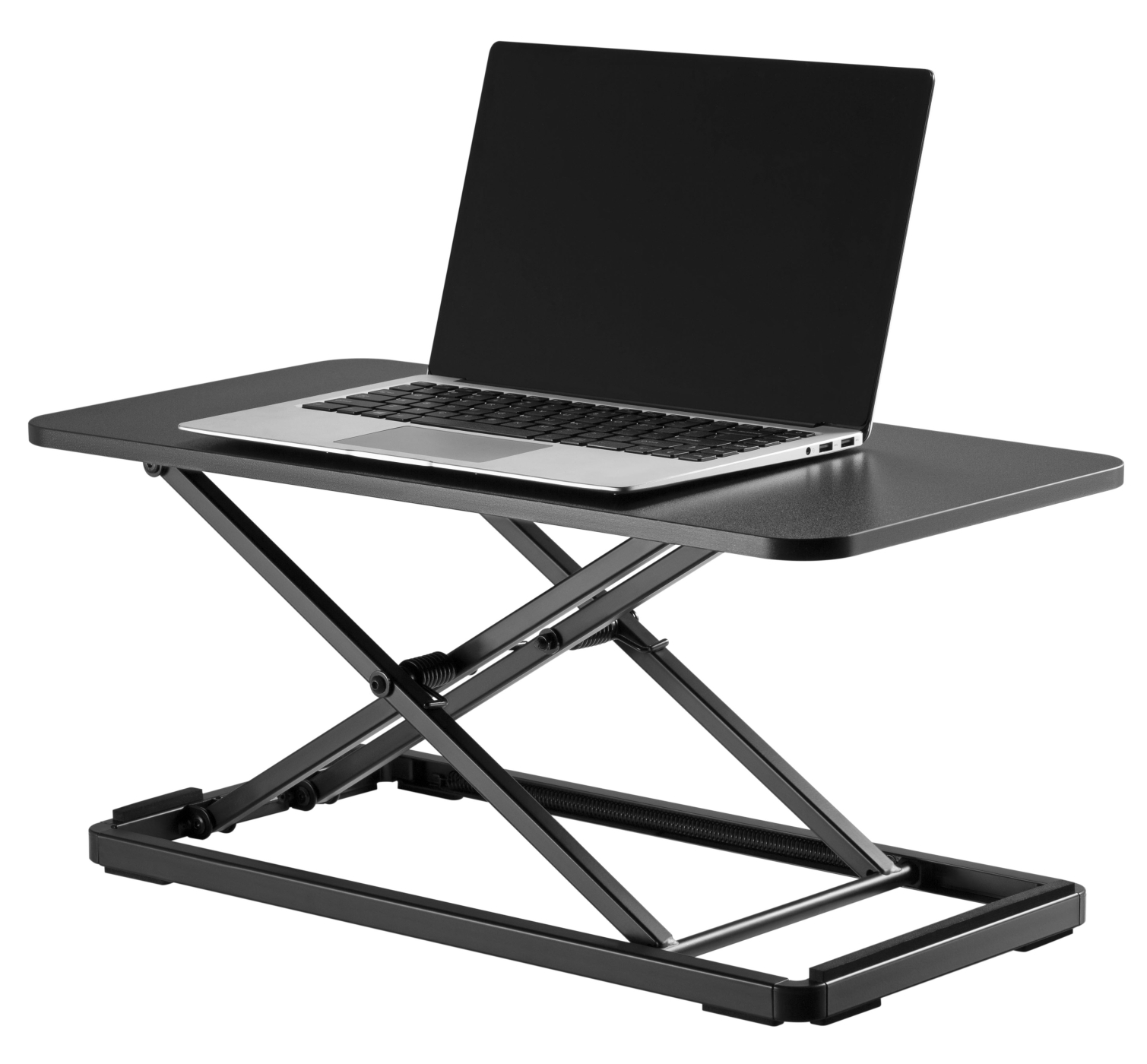 Schwarzer Schreibtisch mit Laptop auf weißem Hintergrund.
