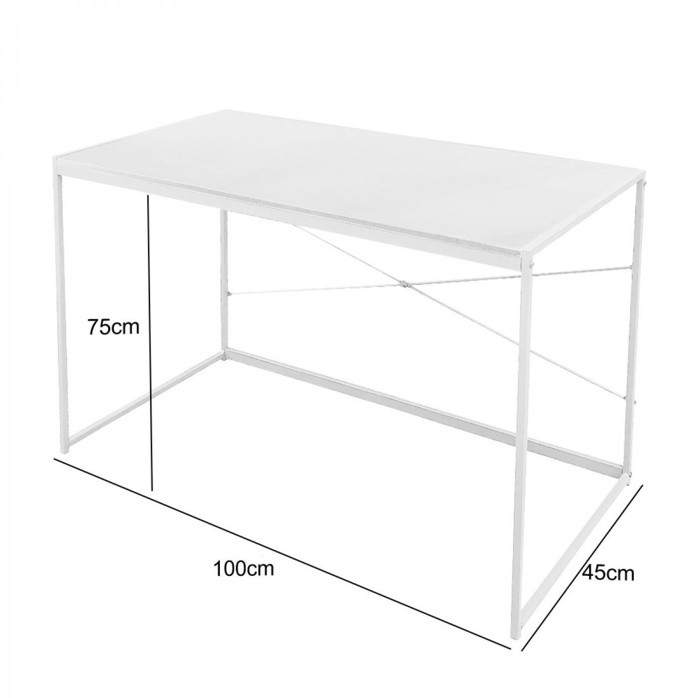 Ein weißer Schreibtisch mit Metallrahmen, mit den Maßen 100cm x 45cm x 75cm.