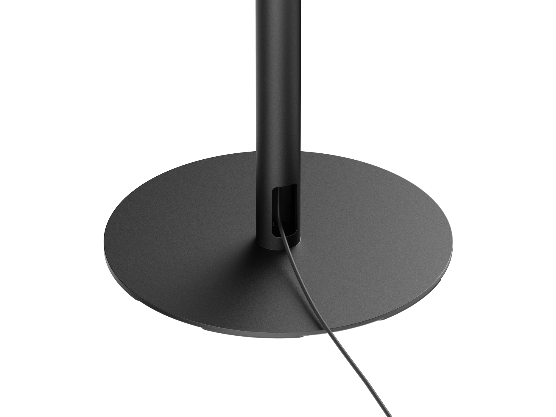 Schwarzer Metallsockel mit kreisförmigem Design, zentraler Stange und Kabel.
