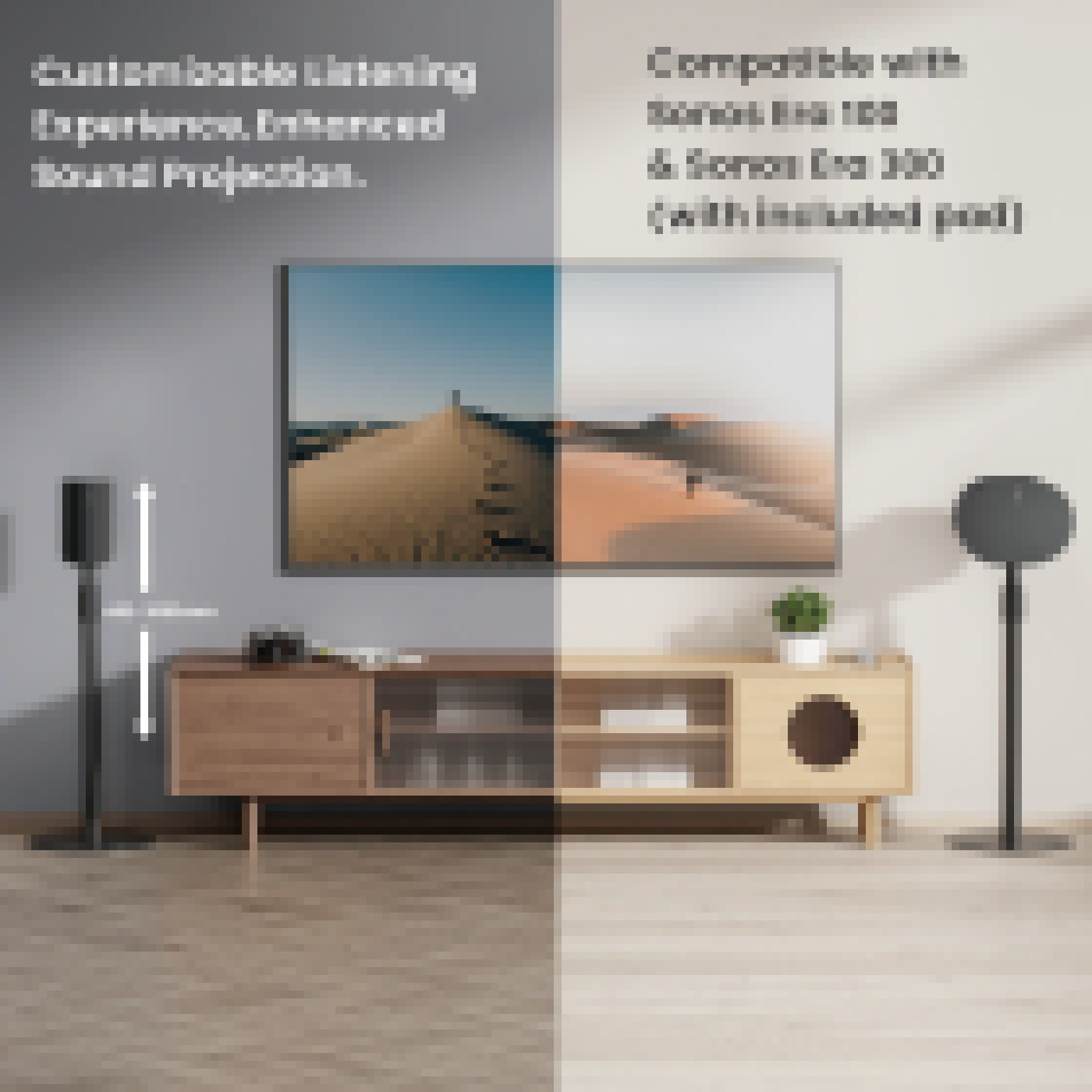 Wohnzimmer mit Lautsprechern, TV und Holzschrank. Ein Wüstenlandschaftsgemälde hängt über dem Schrank.