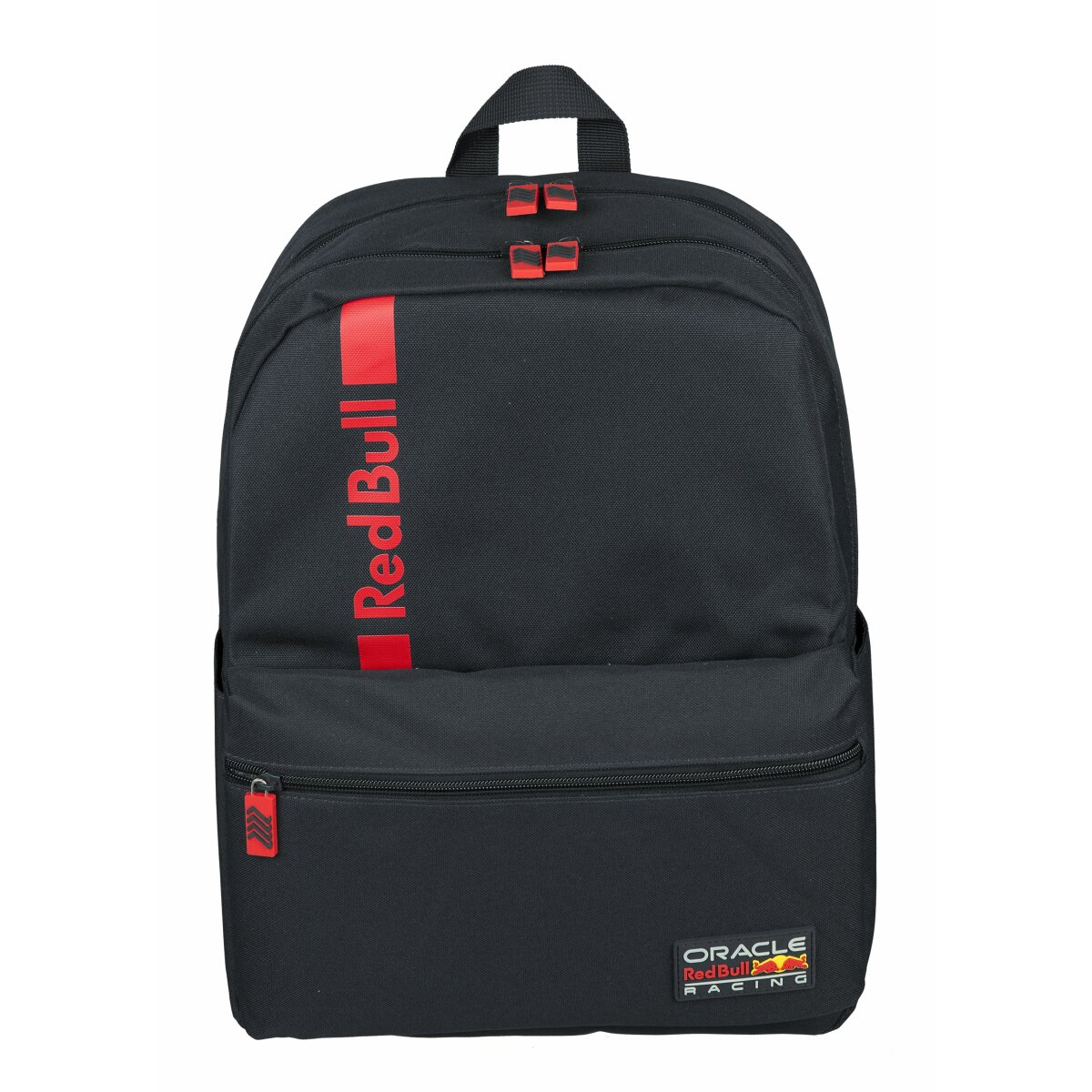 Schwarzer Red Bull Rucksack. Roter Streifen und Logo vorne. Roter Reißverschluss. Schwarze Riemen.