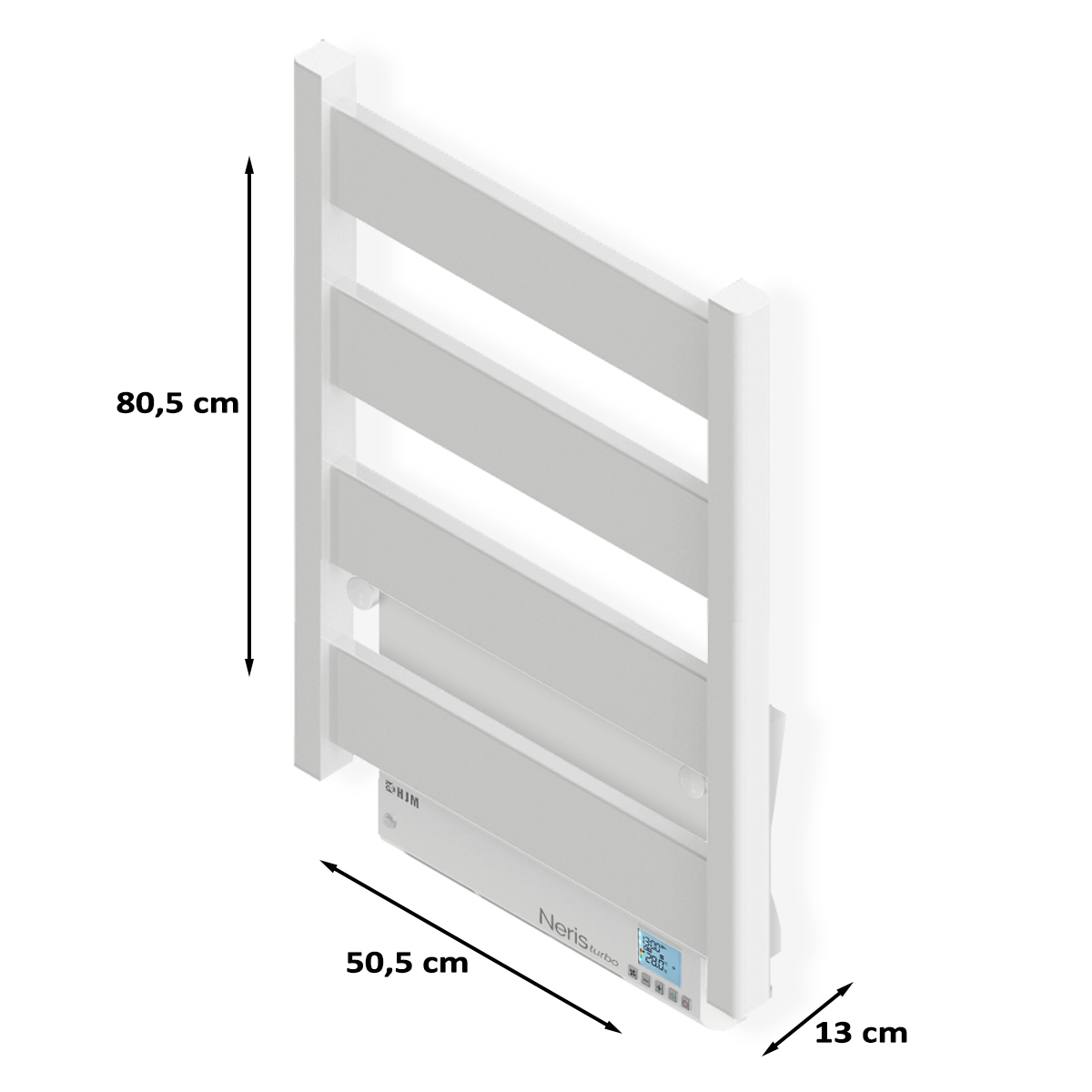Un toallero eléctrico blanco con dimensiones de 80,5 cm x 50,5 cm x 13 cm.