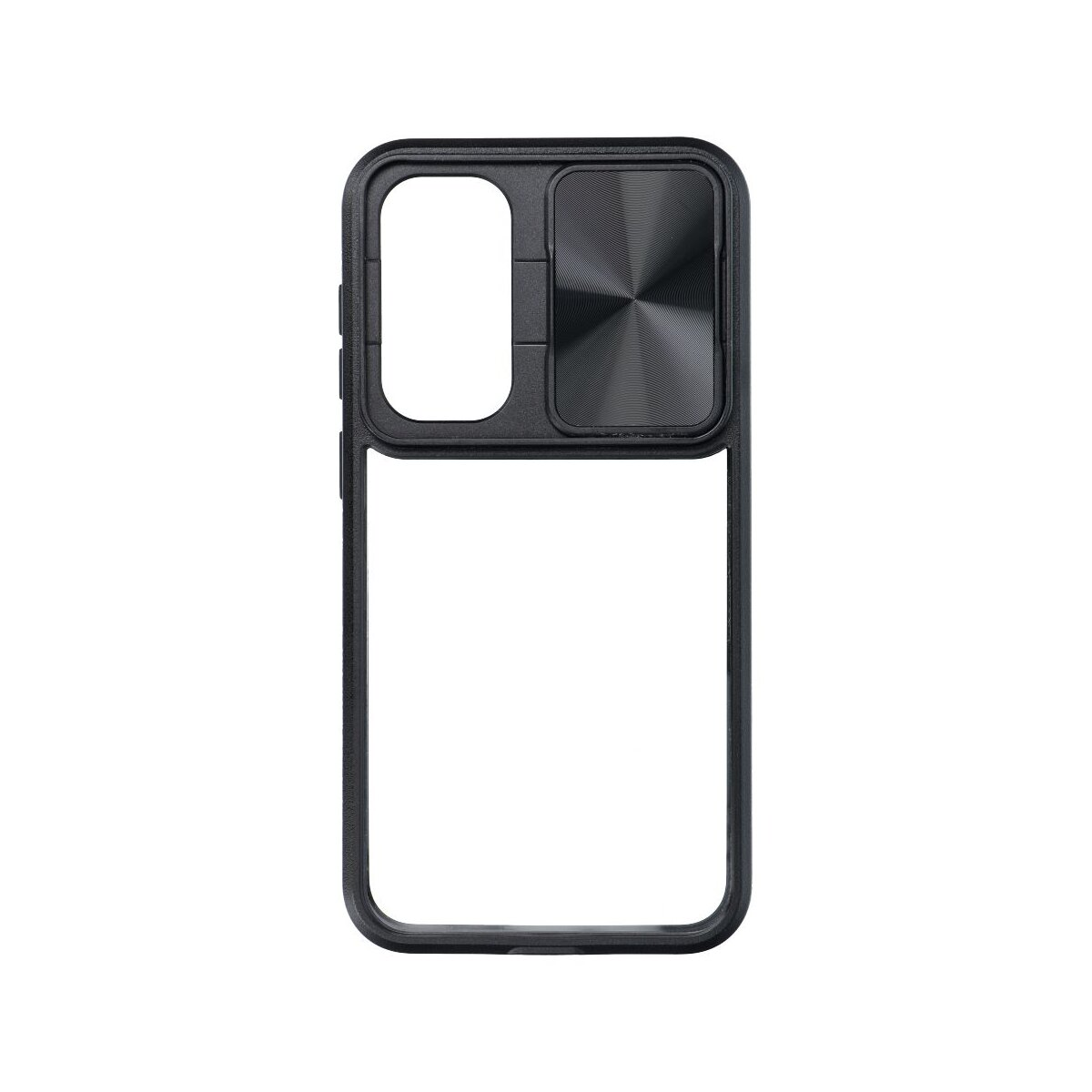 Custodia nera per telefono con foro per fotocamera e otturatore. La custodia è nera e ha un telaio aperto.