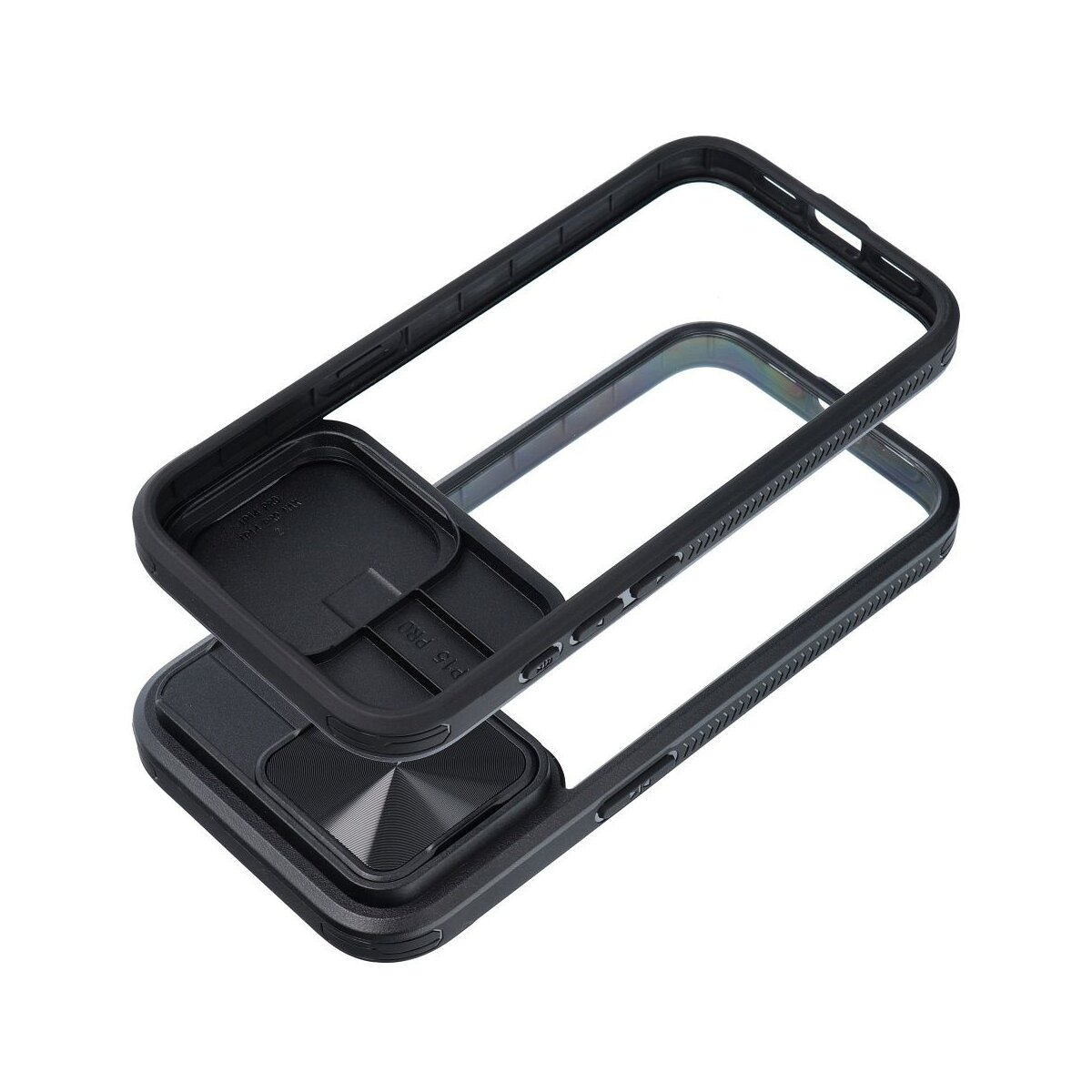 Una custodia per telefono nera smontata con una copertura per fotocamera.